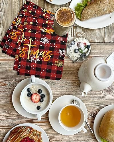 Miniatura 4 de Kitchen Towel 2 Packs Cotton Waffle Weave, Merry Christmas Tree Red Black Buffalo Plaid Snowflake 16 x 24 Inch Absorbent Quick Drying Dish Towels