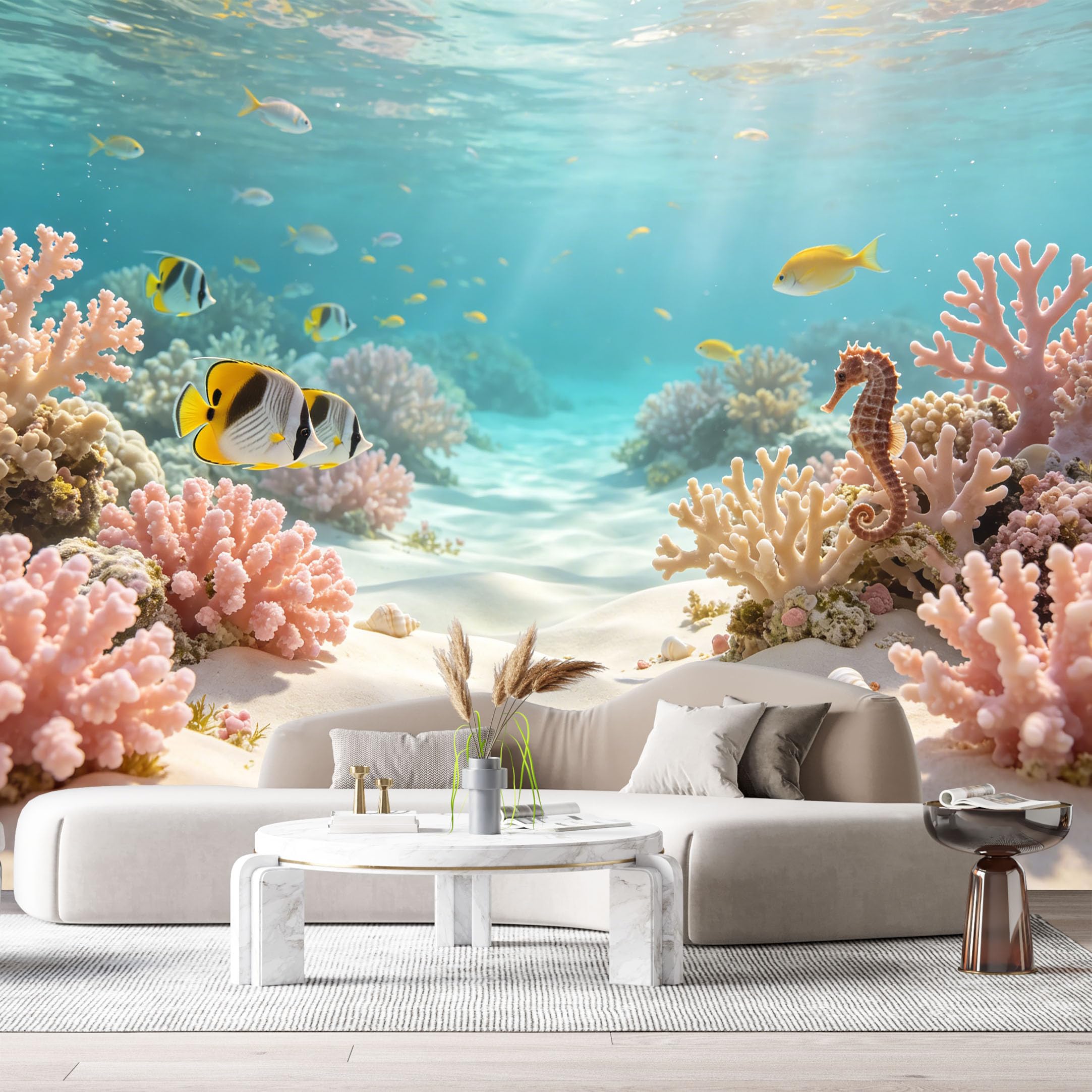 Custom Size Wall Murals Underwater Marine Coastal Tropical Fish Seahorse Coral Reef 3D SelfAdhesiveWall Fabric Removable Wallpaper Wall Decor for Living Room Bedroom Bathroom