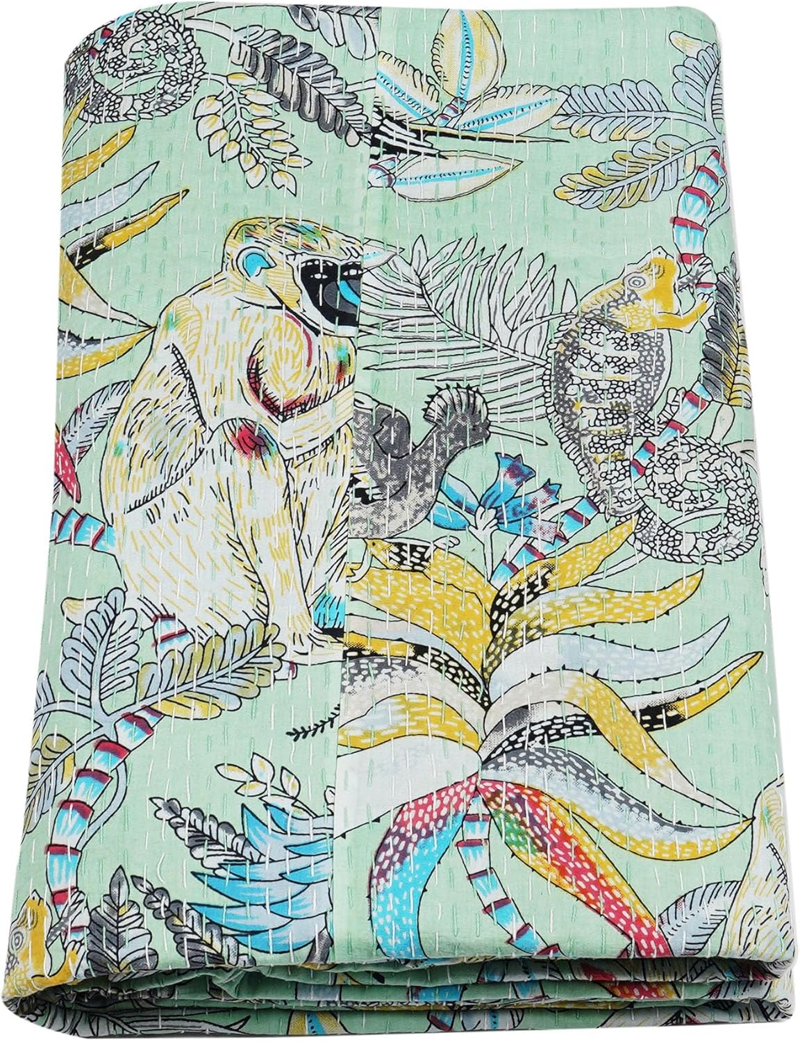 Marubhumi Indian Handmade Traditional Monkey Print Kantha Quilt Indian Cotton Bedding Throw Blanket Bespread Hand Stitched with Love (Mint, Queen (90"x 108"))