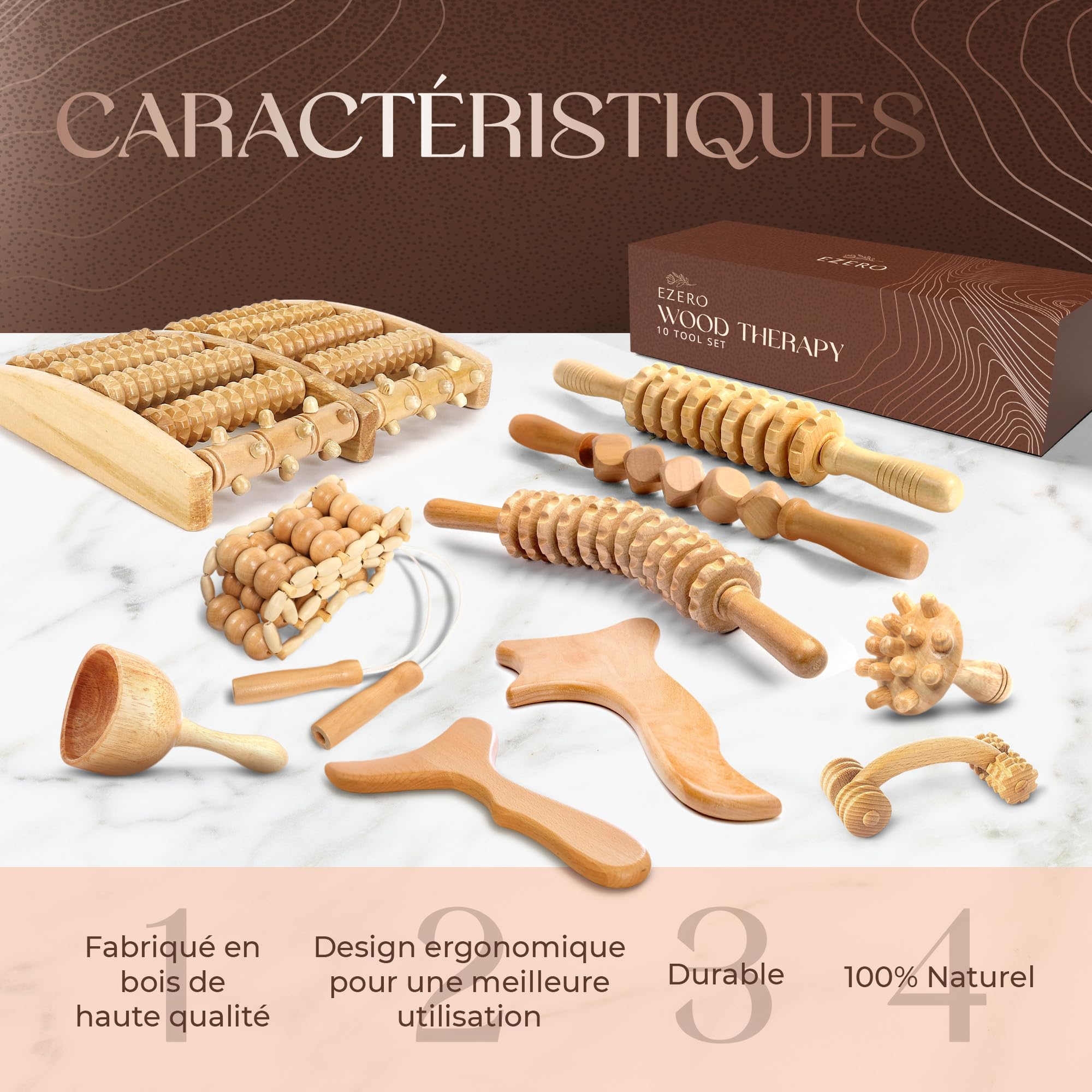 Ezero Maderotherapie Kit Complet Cellulite 10 Pièces avec Sac et Boîte pour Femmes - Kit Maderotherapie Complet - Palper Rouler Anti Cellulite - Drainage Lymphatique