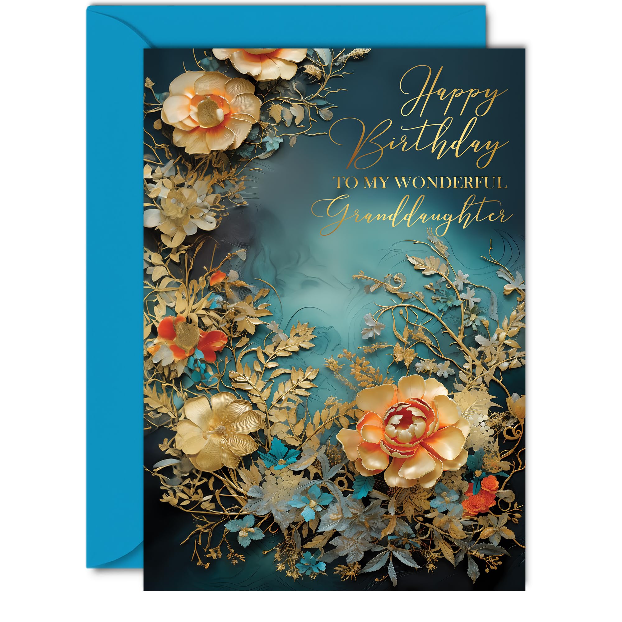 Beautiful Gold Birthday Cards for Granddaughter - Wonderful Golden Flowers - Elegant Traditional Pretty Birthday Card for Granddaughter from Grandparents, A5 Gorgeous Greeting Cards Gift