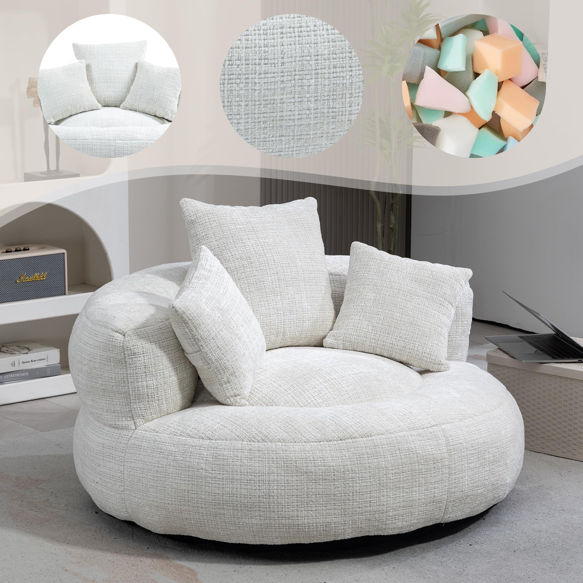 Piccolo divano, divano boneless con schienale alto e 3 cuscini | lounge pouf divano per gioco e relax | divano lazzy in ciniglia rivestimento per interni ed esterni (beige, senza montaggio)