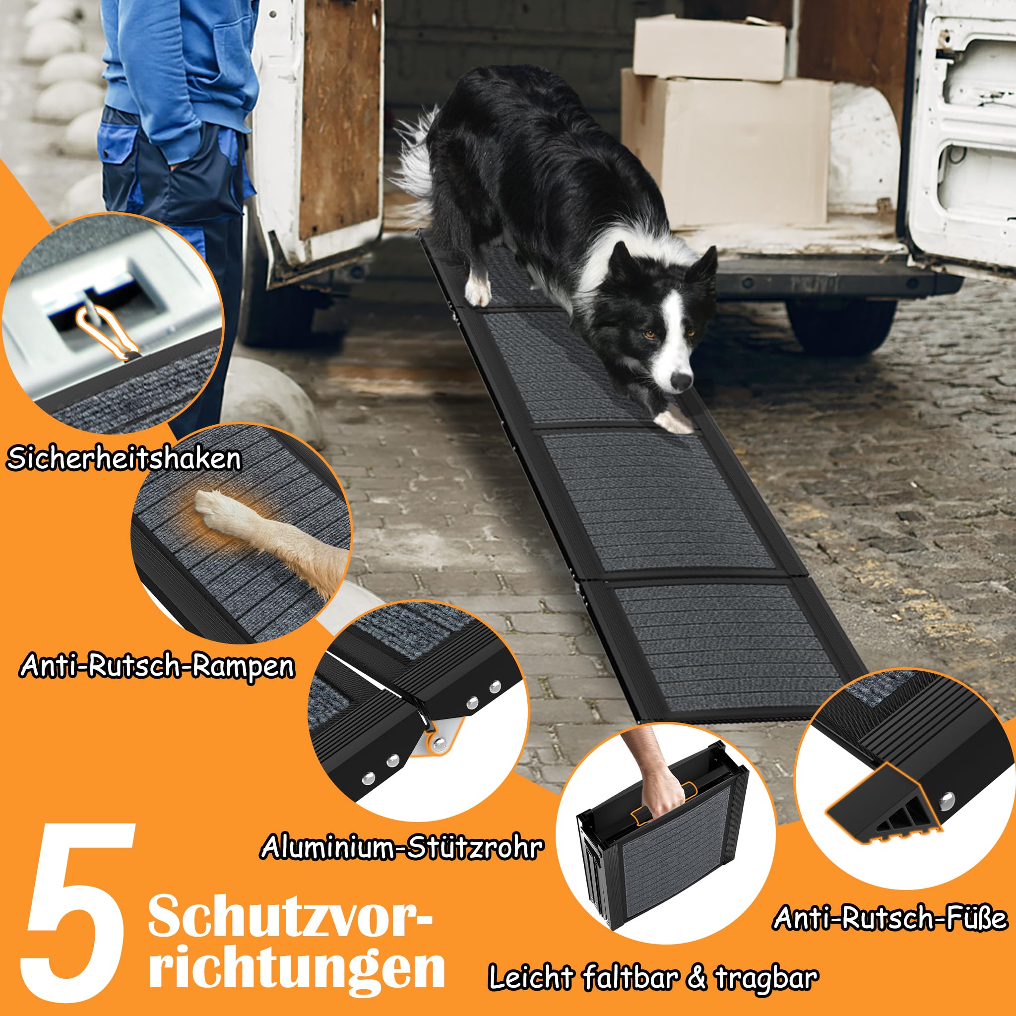 NAIZY Hunderampe Klappbare, 157 cm Hunde Ramp Hundetreppe mit Rutschfester Stoff & Griff Haustierrampe Kofferraumrampe Einstiegshilfe für Hund/Katz/Haustier bis 110 kg