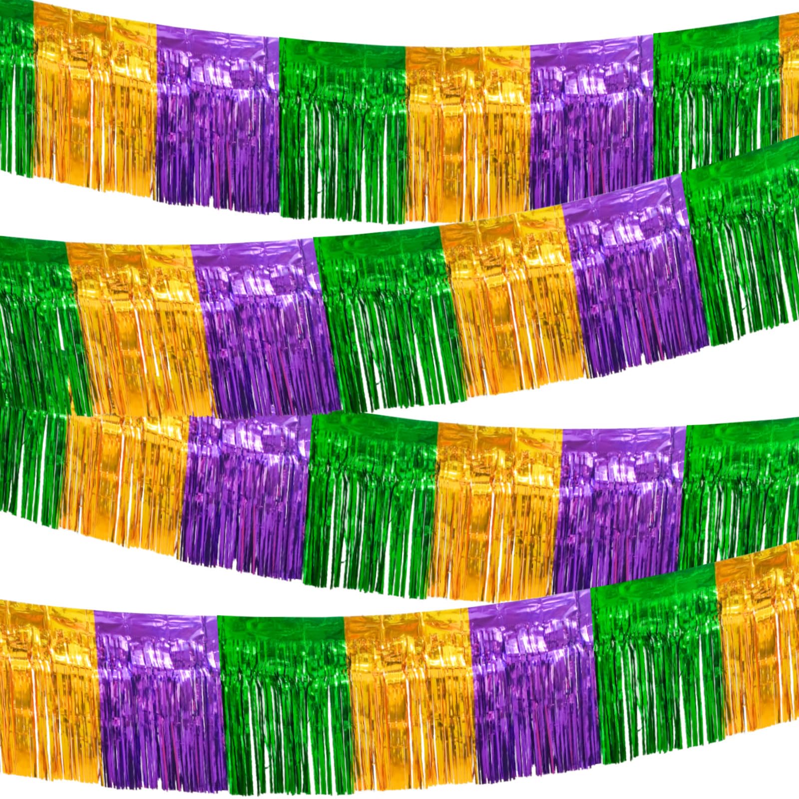4 Packs 10 Feet Long Foil Fringe Mardi Gras Garland Green Gold Purple Tinsel Metallic Streamers Wall Hanging Birthday Backdrop Banner for Carnaval Car Parade Floats Streamer Decorations