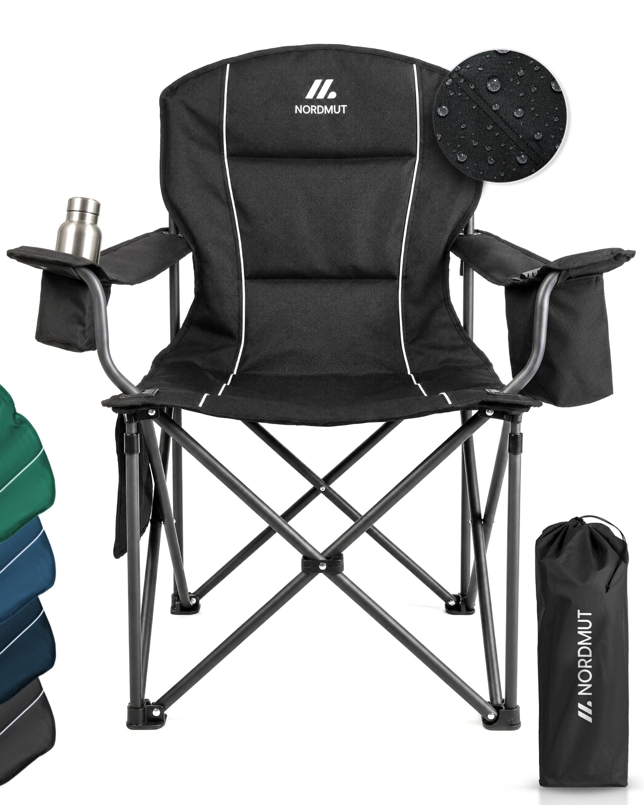 NORDMUT® Chaise de Camping Pliante légère – Stable supportant 200 kg – Chaise de pêche Confortable avec Sac Isotherme Pratique et Porte-gobelet (Noir 1x)