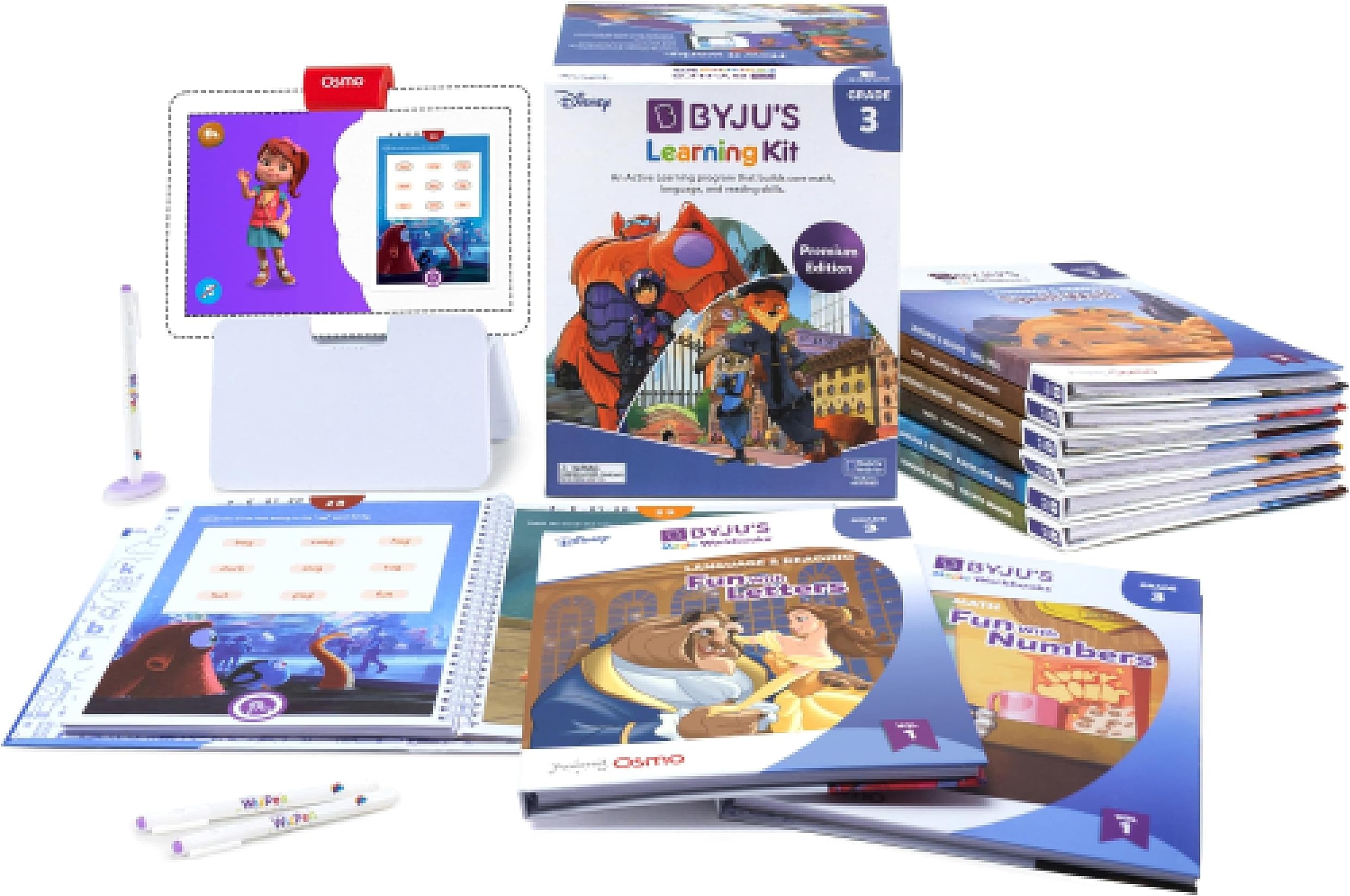 BYJU’S Learning Kits: Disney, 3rd Grade Premium Edition (App + 9 Workbooks) Ages 7-9 - Featuring Disney & Pixar Characters - Learn Comprehension, Fractions, & Word Problems - Osmo Fire Base Included