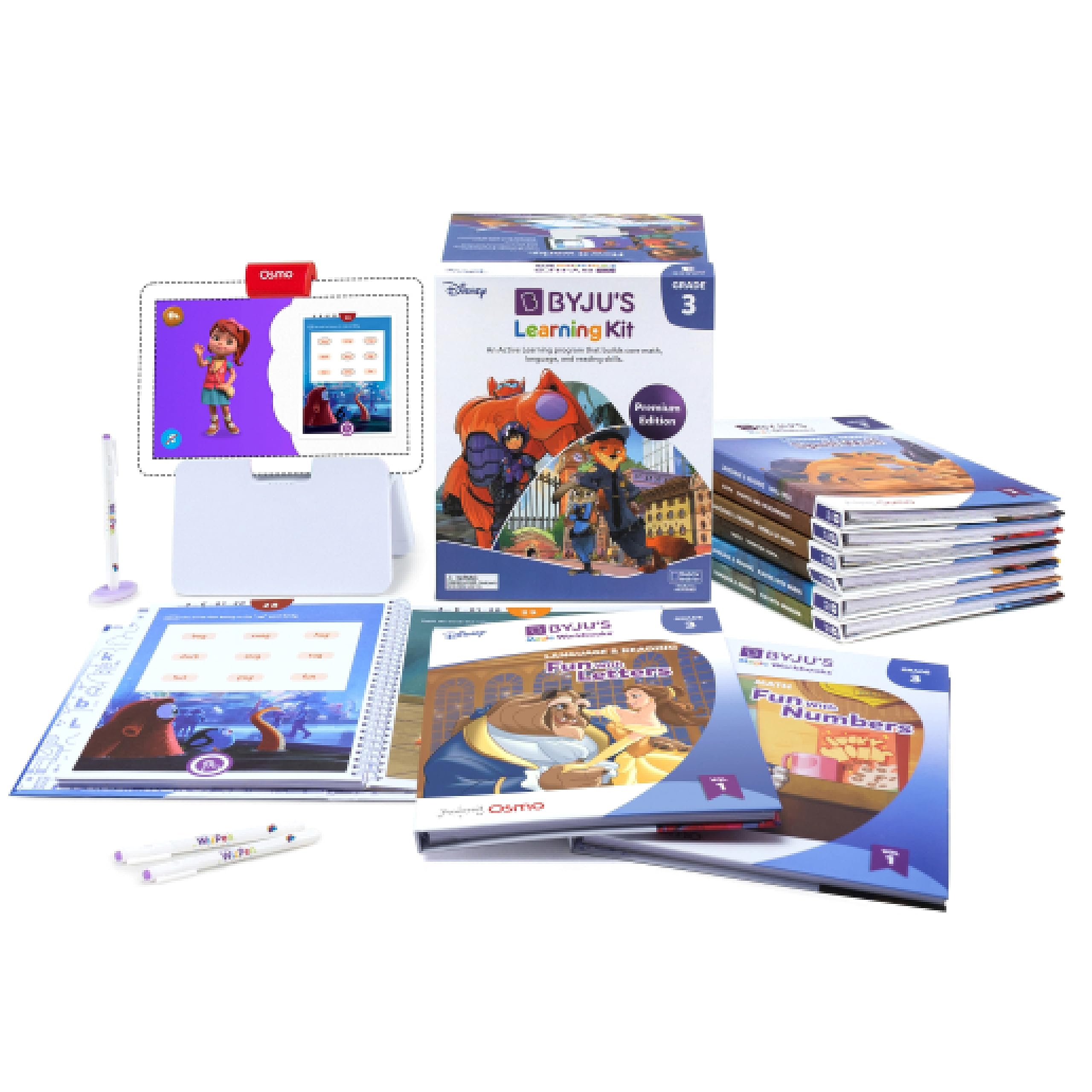 BYJU’S Learning Kits: Disney, 3rd Grade Premium Edition (App + 9 Workbooks) Ages 7-9 - Featuring Disney & Pixar Characters - Learn Comprehension, Fractions, & Word Problems - Osmo Fire Base Included