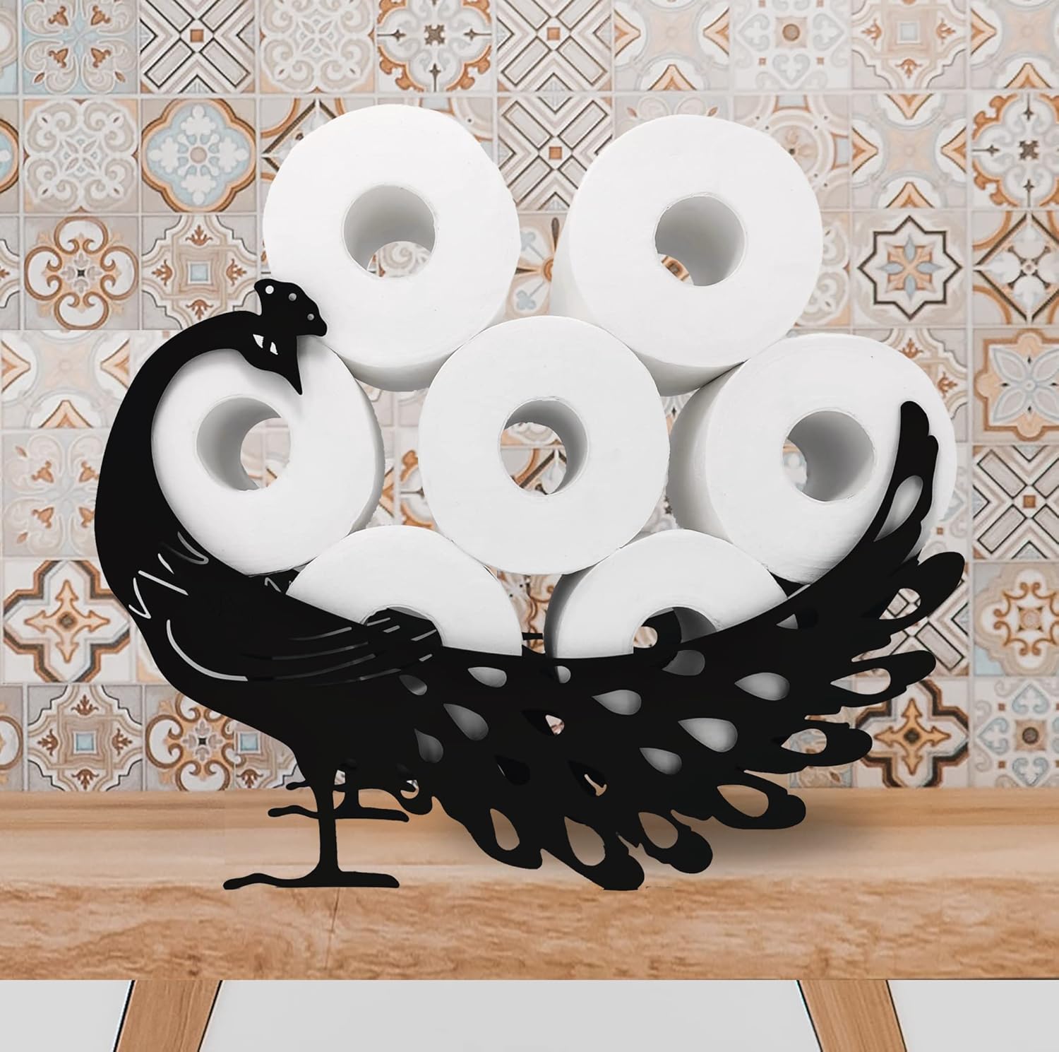 Peacock Animal Paper Holders,Black Metal Toilet Tissue Holder,Decorative Metal Paper Holder,Funny Toilet Paper Storage for Bathrooms,FreeStanding Metal Toilet Paper Organizer Hold Extra 8 Rolls