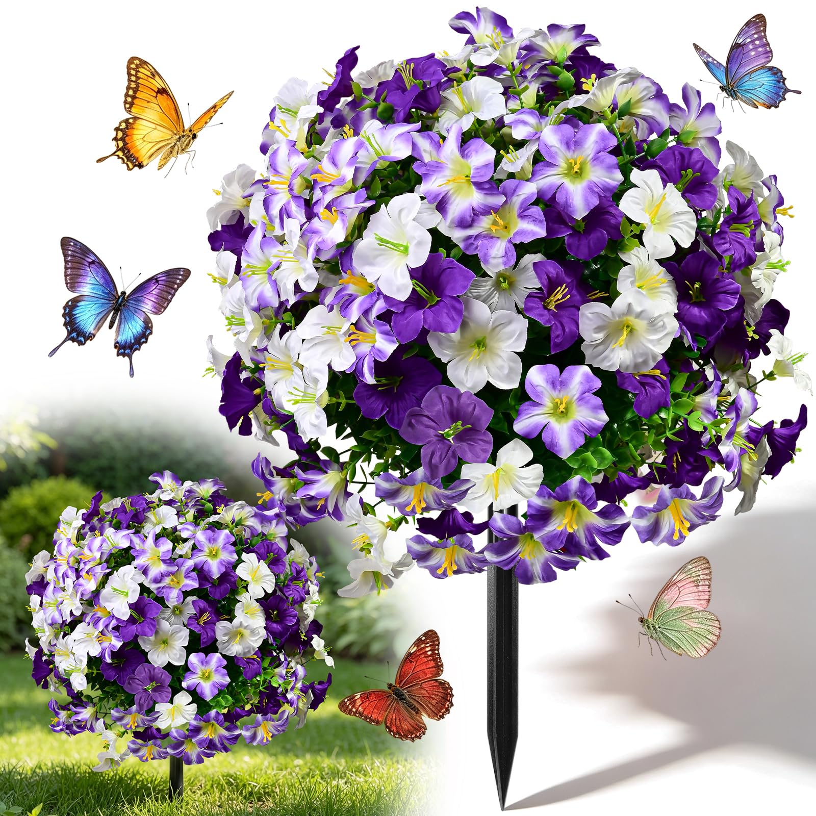 22" Artificial Flowers 1 PC, UV Resistant Morning Glory Garden Ornaments Outdoor Fake Silk Flowers Topiary Balls, Summer Faux Plastic Plants Accessories for Garden, House, Porch, Patio & Indoor Decor
