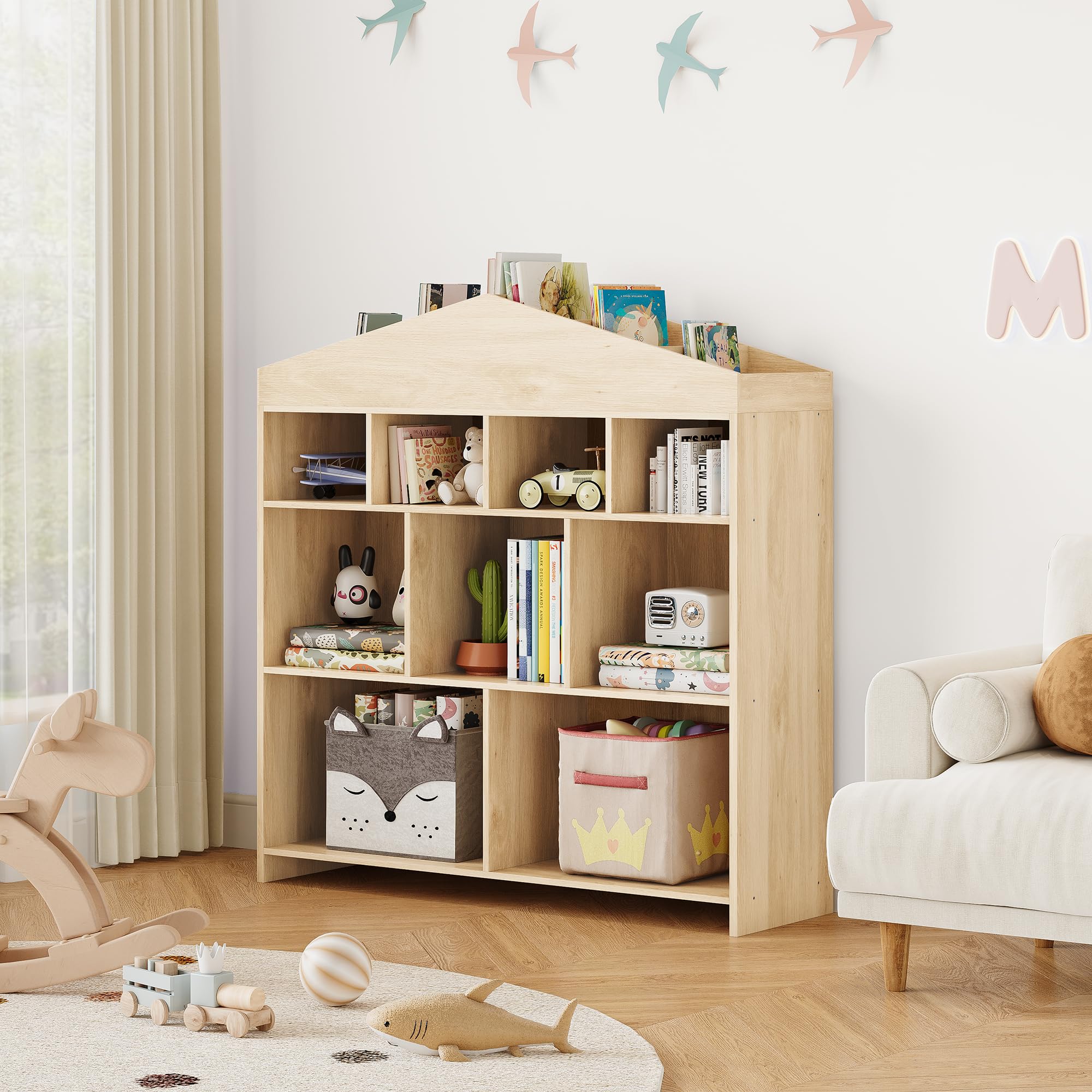 Garvee Bibliothèque Enfant en Bois – 4 Niveaux, 9 à 15 Casiers – Meuble Rangement Jouets et Livres, Design Maison, avec Kit Anti-Basculement, pour Chambre, Salle de Jeux, Crèche et École