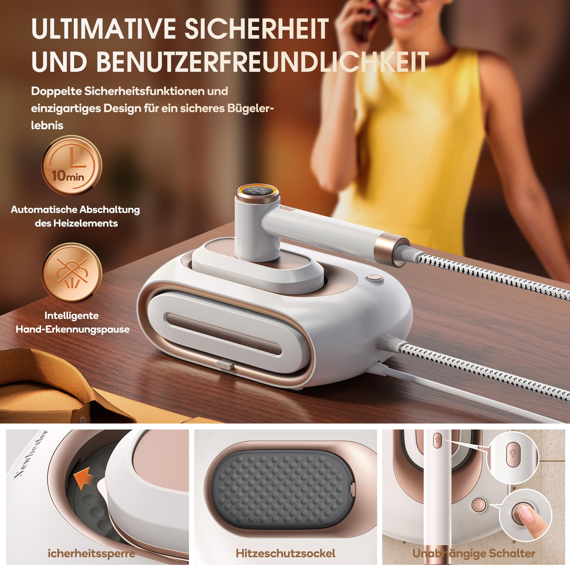Newbealer Dampfbügelstation, 1600W Bügelstation für Kleidung, 3 Dampfstufen Dampfbügeleisen, 30s Schnelles Aufheizen Bügeleisen, 1,2L abnehmbarer Wassertank, Platzsparendes Design mit Wandmontage,Gold