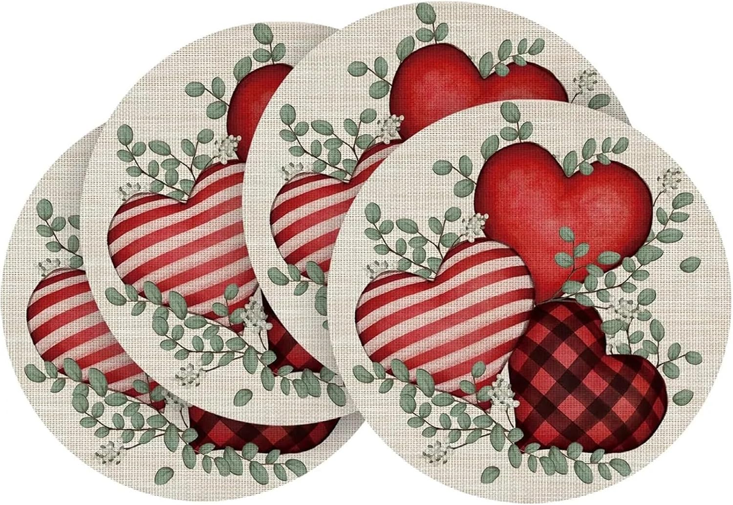 Vintage Heart Valentines Day Round Placemats Set of 4, 14 Inch Seasonal Holiday Round Table Mats for Party Kitchen Dining Decor(4p)