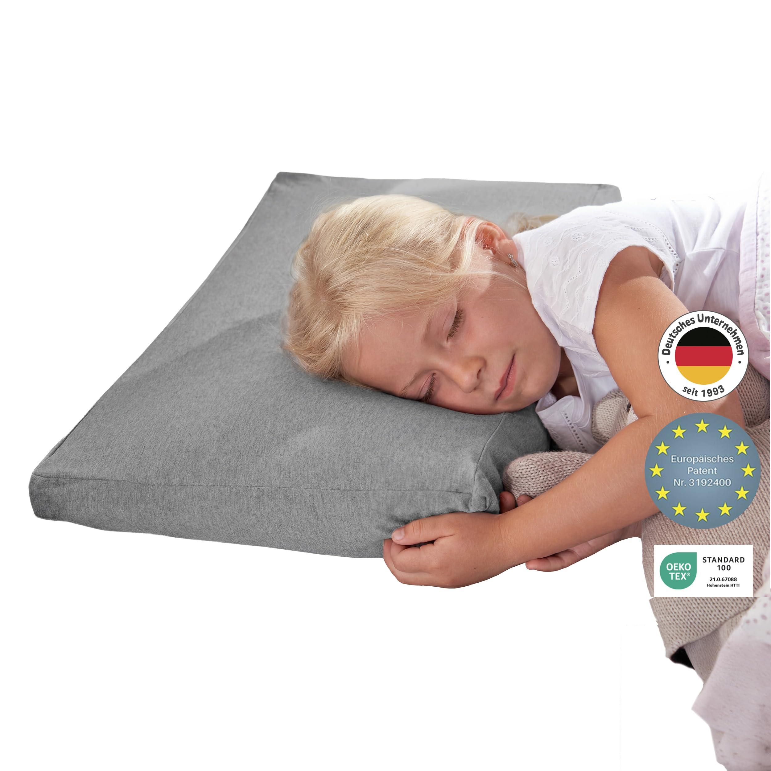 Theraline Dziecięca poduszka pod głowę, ergonomiczna poduszka podpierająca do spania i karku, ochrona patentowa, wraz z poszewką zewnętrzną z wiskozy bambusowej + bawełny organicznej, melanż, średni