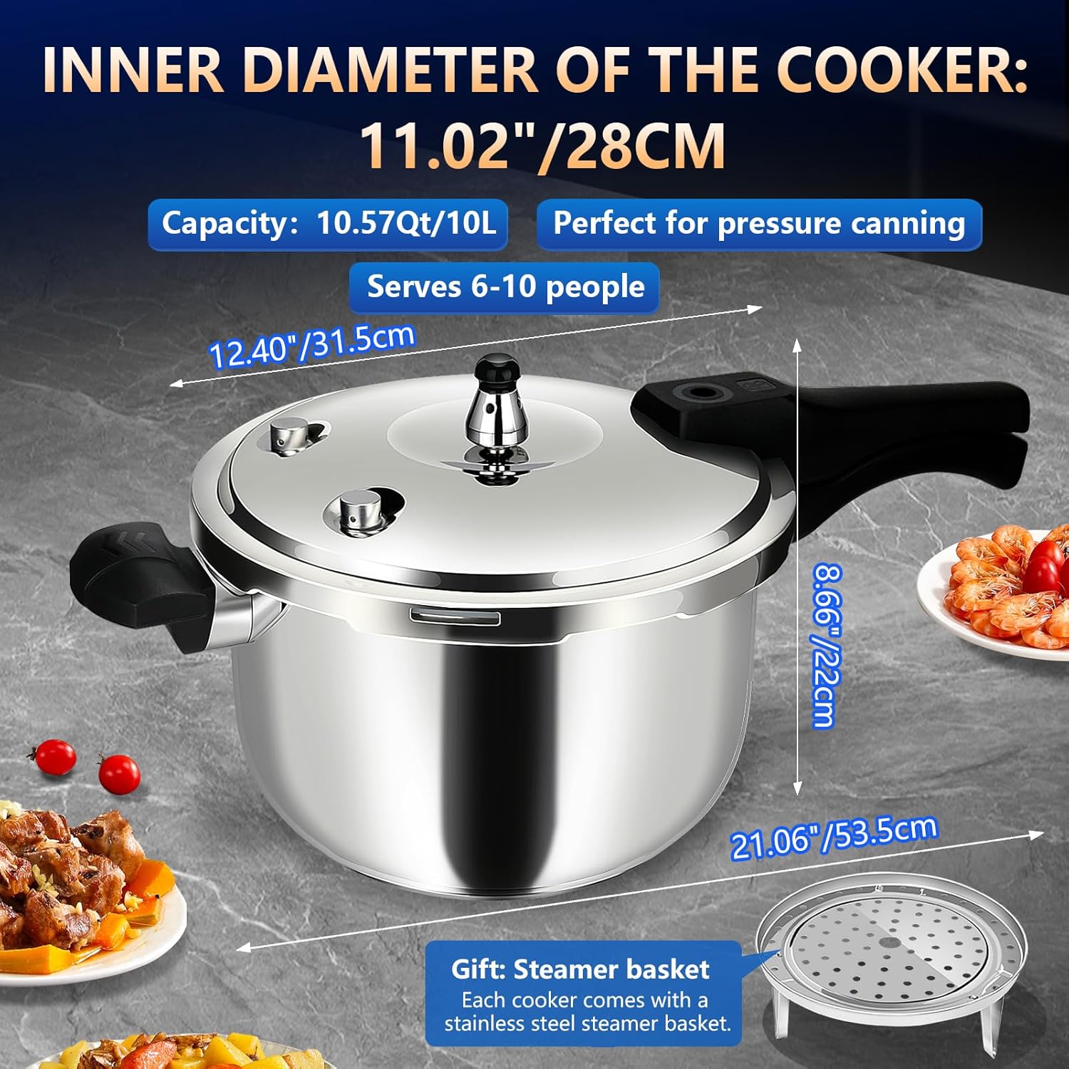 10QT Stainless Steel Pressure Cooker, Heavy Duty Food Grade 304 Pressure Canner with Safety Valve & Heat-Resistant Handle, Compatible with All Stovetops for Home Cooking & Canning