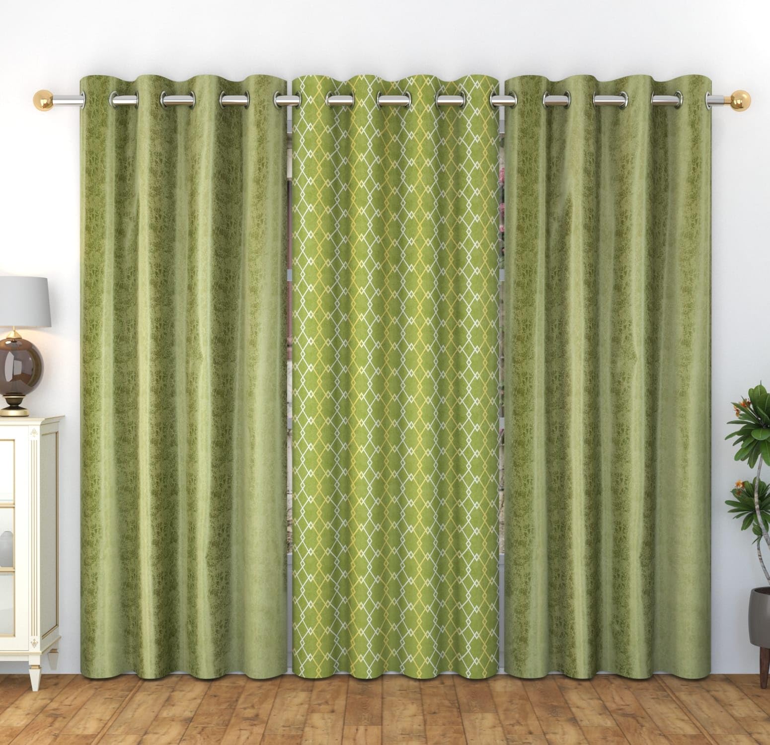 WO FLORA Long Door Curtains Check Design for Drawing Room/Living Room/Hall Room Parde for Window, Green Color 9 Feet 3 Pcs Set Curtains