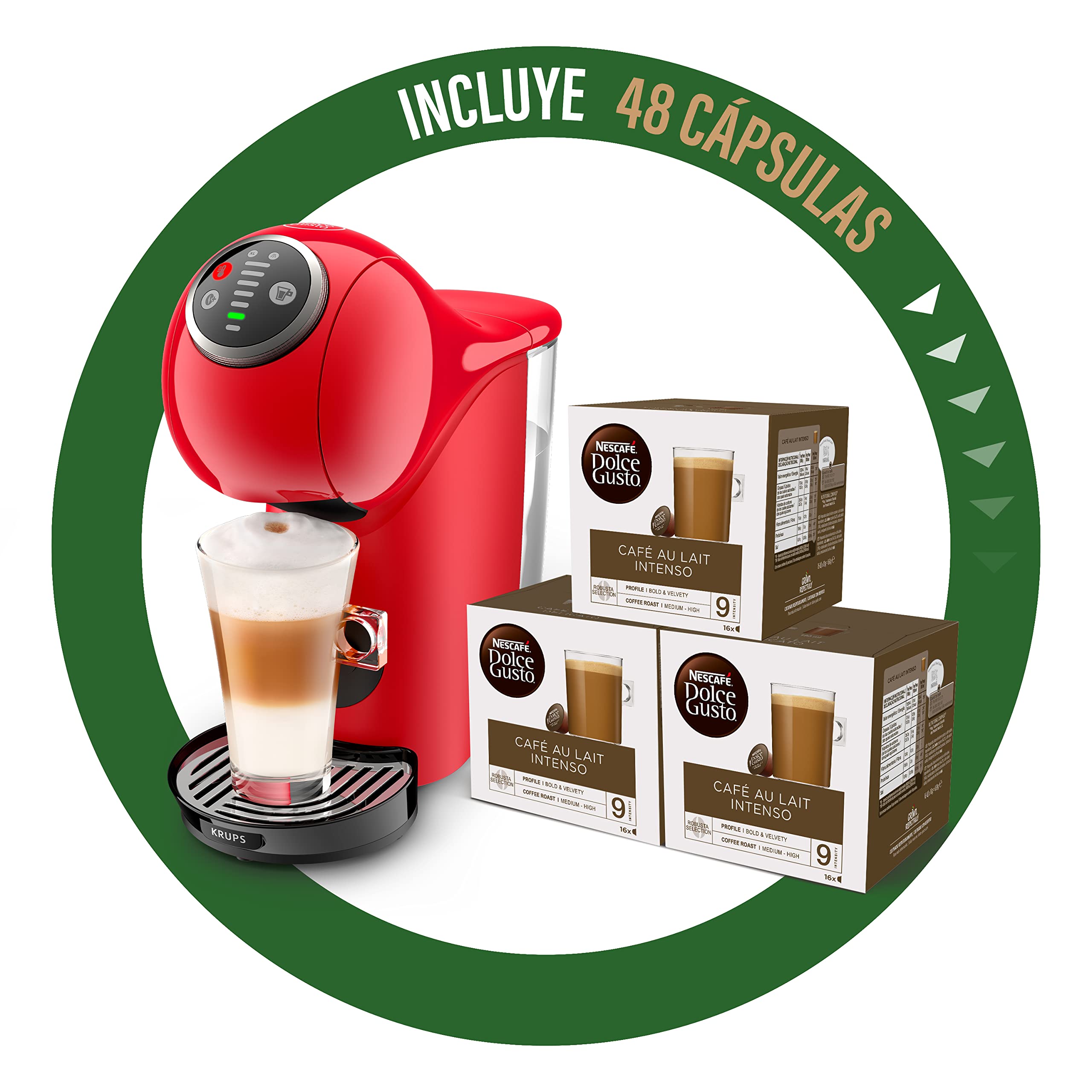 Krups Genio S Basic - Cafetera de cápsulas, capacidad 0.8 L, bebidas frías o calientes, modo Eco, pantalla táctil, 4 ajustes temperatura, compatible con Nescafé Dolce gusto, Pack 48 cápsulas