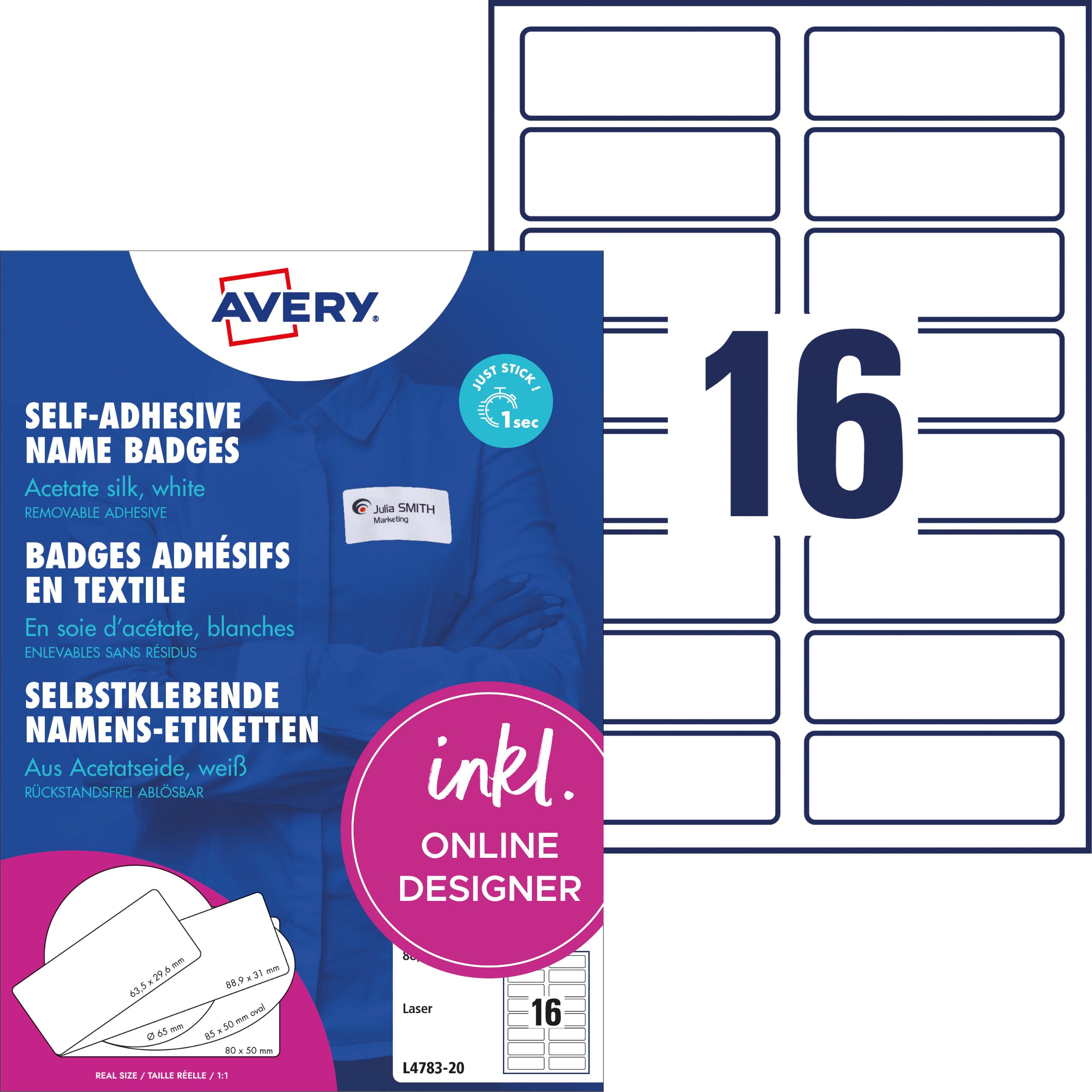 AVERY Zweckform L4783-20 Namensetiketten (320 Namensaufkleber, 88,9x31mm auf A4, selbstklebend, bedruckbare Textiletiketten aus Acetatseide für Laserdrucker, rückstandsfrei ablösbar) 20 Blatt, weiß