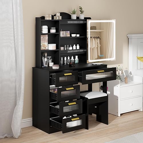 Miniatura 9 de Escritorio de tocador LED RGB con espejo y luces, escritorio de maquillaje con estación de carga 3 en 1, juego de tocador con taburetes y espejo