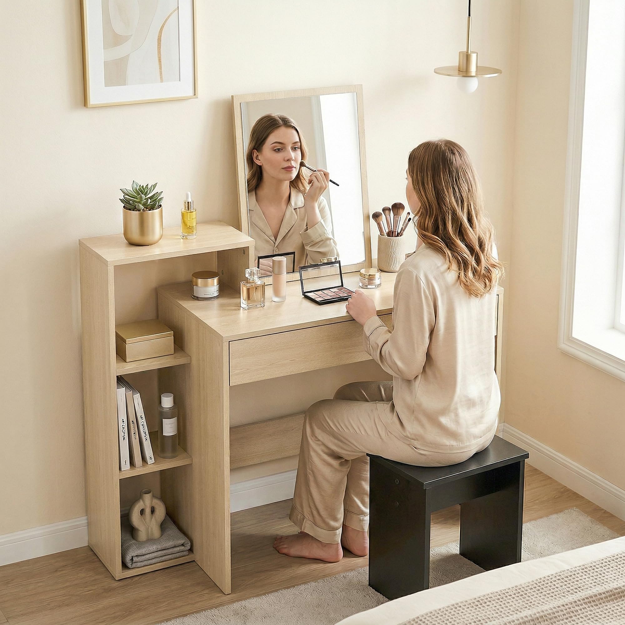 HOMCOM Escritorio PC con Almacenamiento, 100x40x90cm, Natural | con 3 estantes, cajón, estación de trabajo, Escritorio de computadora para teletrabajo, sala de estar