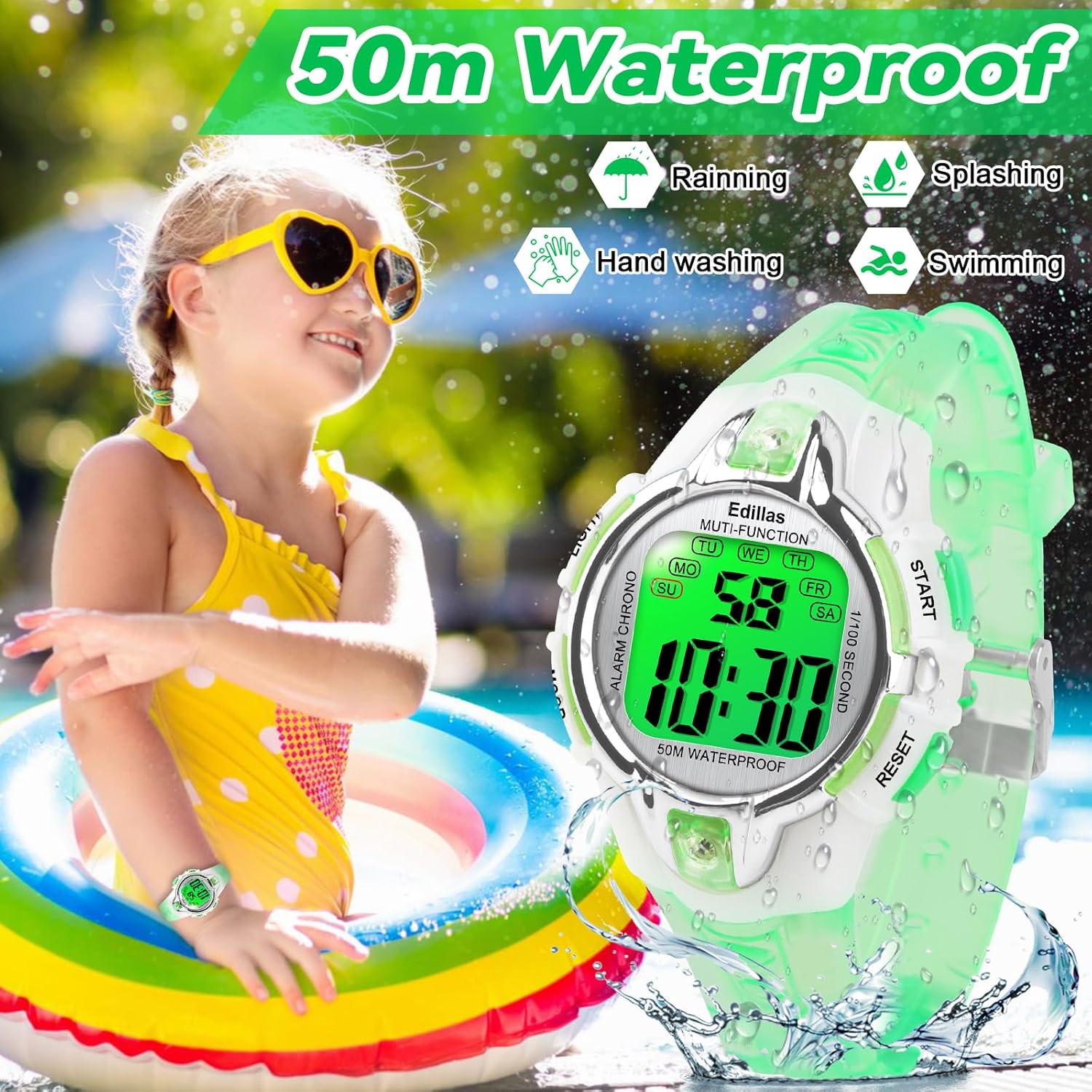 Edillas Kids Watches Digital Girls Boys,7 Colors Light Wrist Watch for Child Waterproof Sport Outdoor Multifunctional Watches with Stopwatch/Alarm for Ages 4-15 Green-856L image 2 of 7 B09WDK9DSN