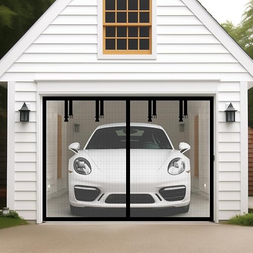 Magnetic Garage Door Screen for 1 Car 9x7 ft Single Garage Door Mesh Screen Curtain Cover Kit with Hook and Loop, Black (GSD-0009-07)