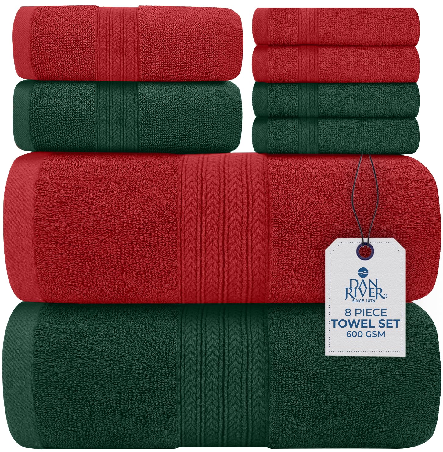DAN RIVER 8 PC Decorative Luxury Bath Towels for Bathroom, 2 Bath, 2 Hand, and 4 Wash Cloths, 600 GSM 100% Ring Spun Cotton Towel Set, Highly Absorbent, Gym, Hotel, and Spa, Red &amp; Green Combo