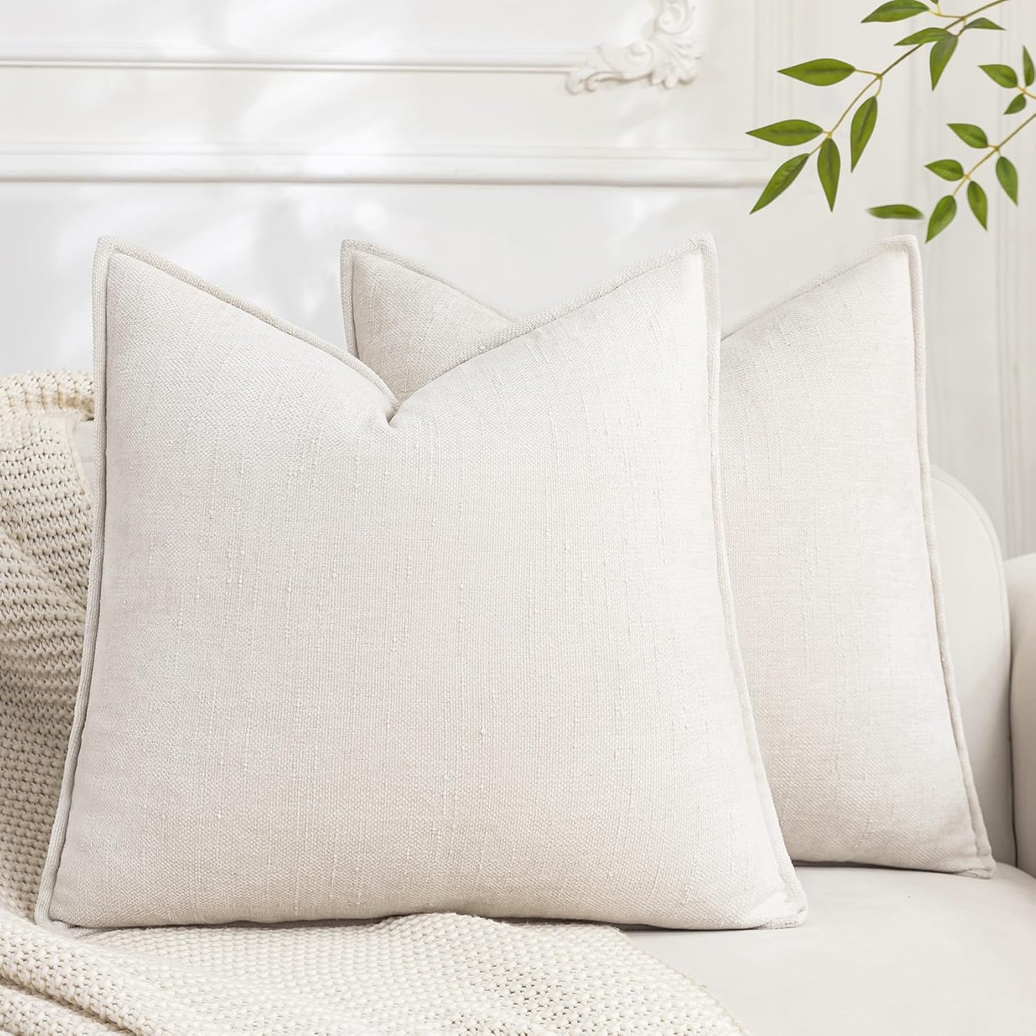 Set of 2 Soft Textured Decorative Throw Pillow Covers 22x22 Inch Cozy Farmhouse Cushion Cover Square Accent Pillow Cases for Bed Couch Sofa Living Room, Cream White