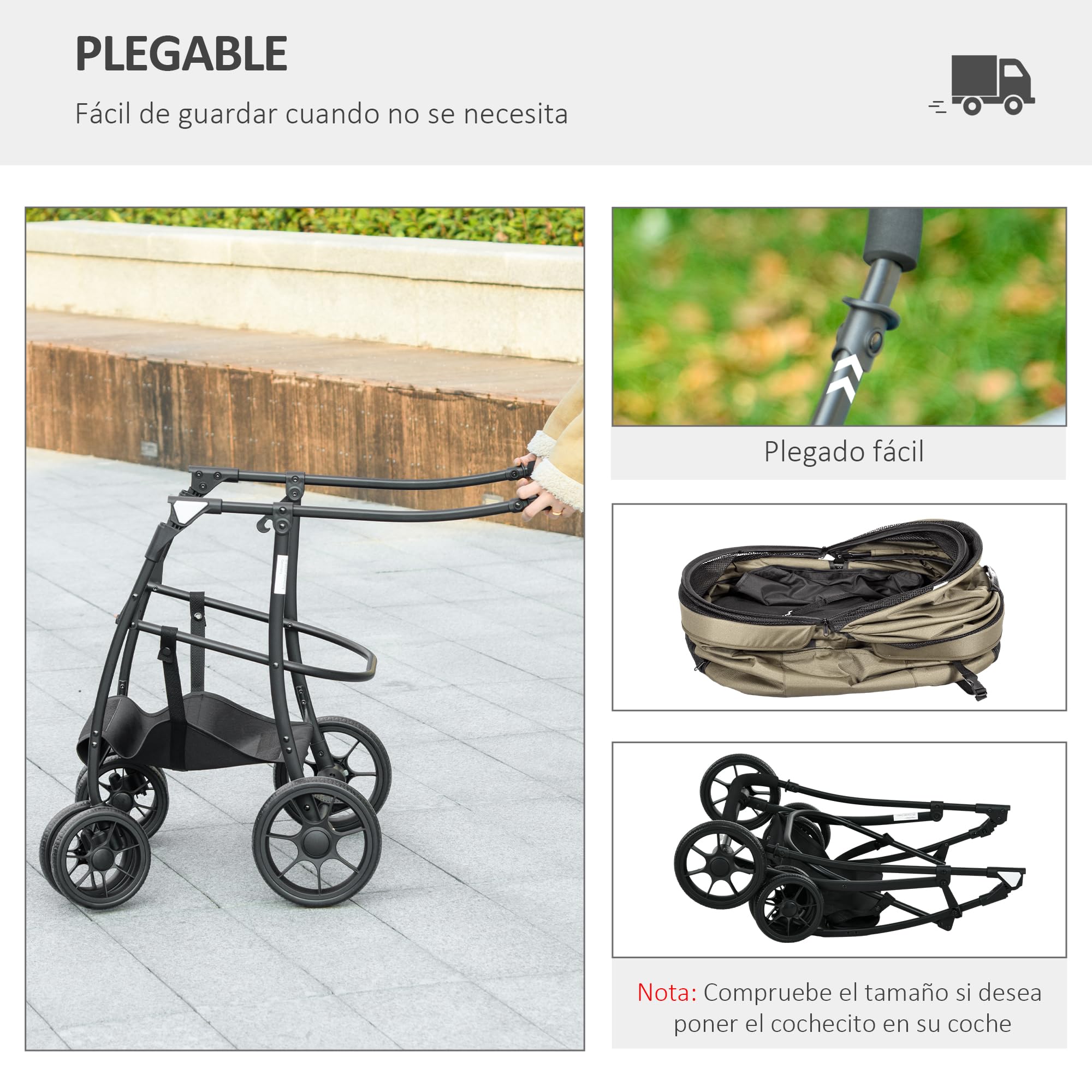 PawHut Carrito para Perros 2 en 1 Cochecito para Perros Pequeños Plegable con 2 Correas de Seguridad 2 Bolsillos Laterales Cojín Lavable y Ruedas Universales Carga 15 kg Caqui