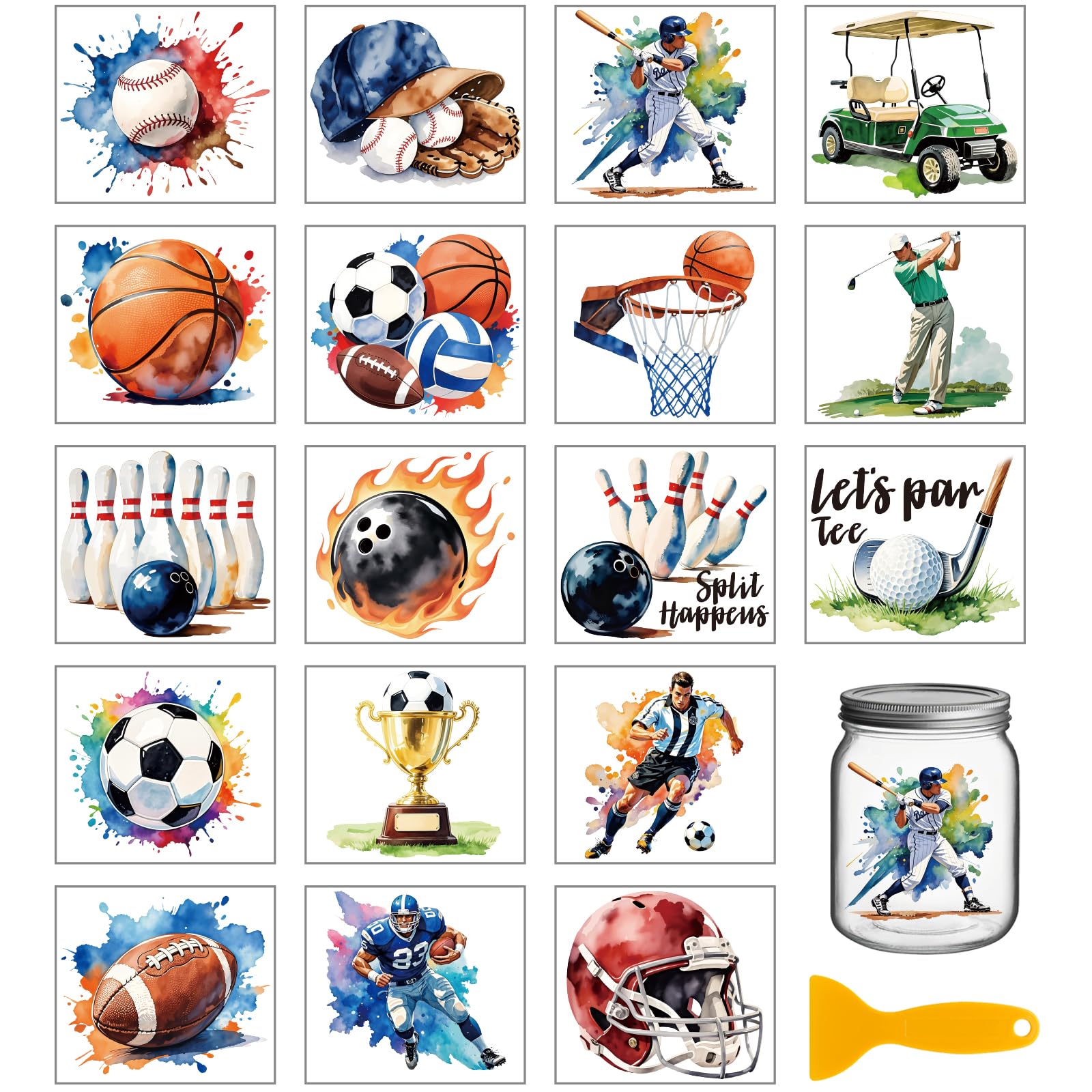 GLOBLELAND 18 Sheets Colorful Ball Sports Rub on Transfers for Vase Crafts 3.9x3.6inch Ball Games UV DTF Cup Wraps Decals Stain Players Transfer Stickers for Furniture Glass Bottle Decorations