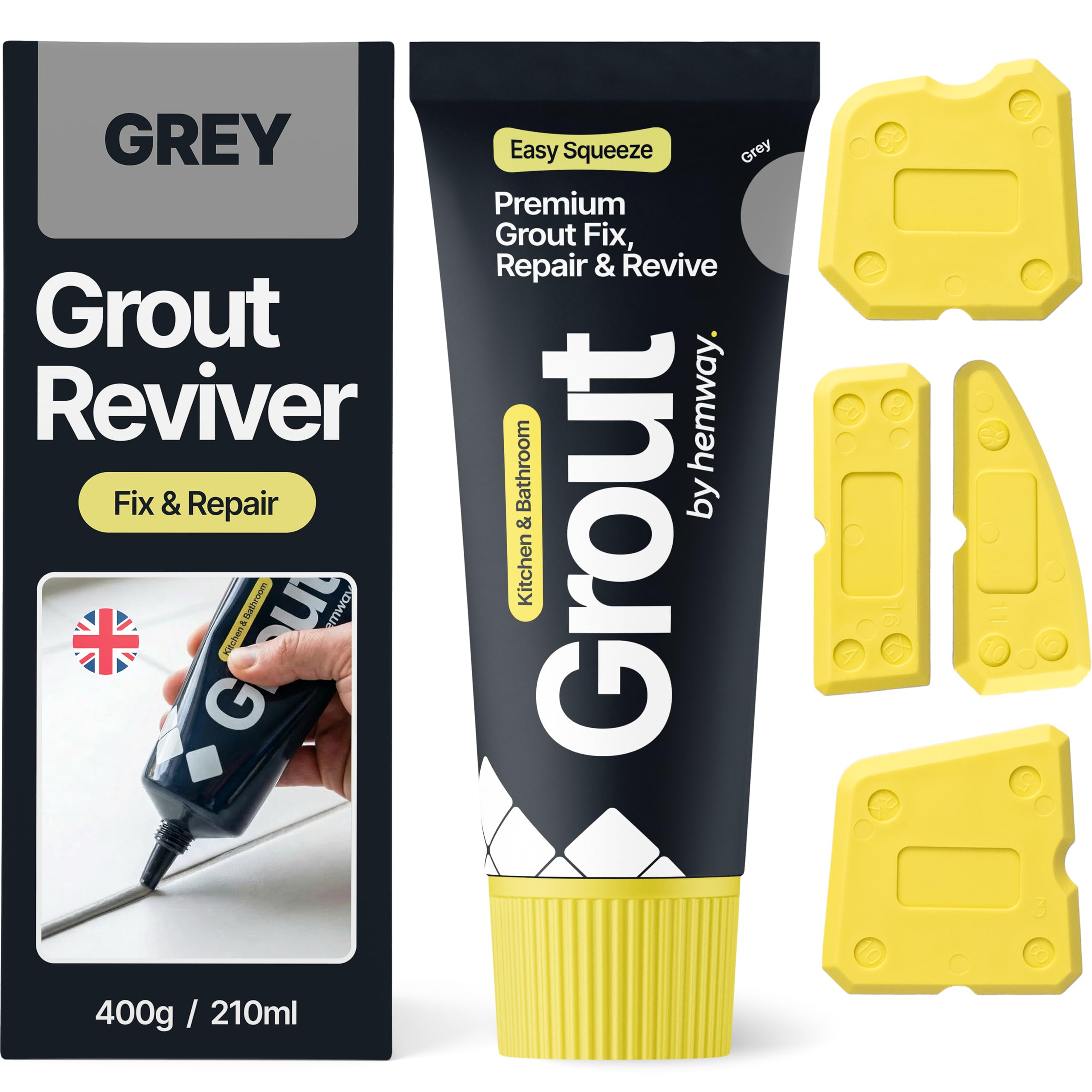 Hemway Grey Grout Reviver Kit | Ready Mixed Grout Repair 400g / 210ml with 4 Piece Profiling Tool Kit | Wall & Floor Tile Adhesive, Kitchen Bathroom Shower, Anti-Mould, Fast Drying