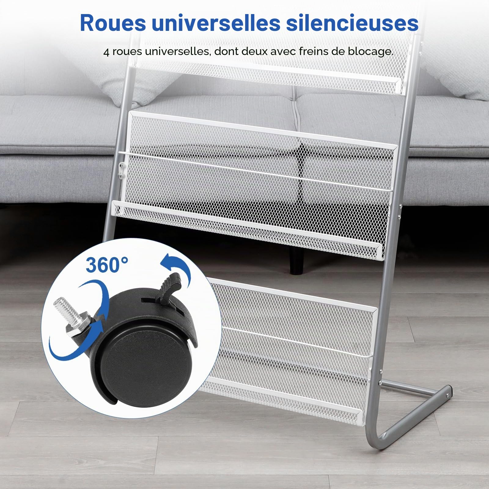 Porte-revues avec roulettes, présentoir de littérature avec 4 poches, support à poser au sol, porte-revues, brochures, argent