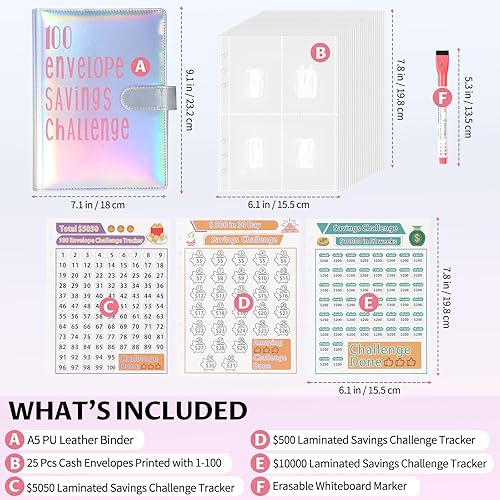 Vista 23 de ONEDONE Carpeta de desafíos de ahorro de dinero de 100 sobres A5 con sobres de efectivo y marcador borrable para ahorrar dinero en efectivo