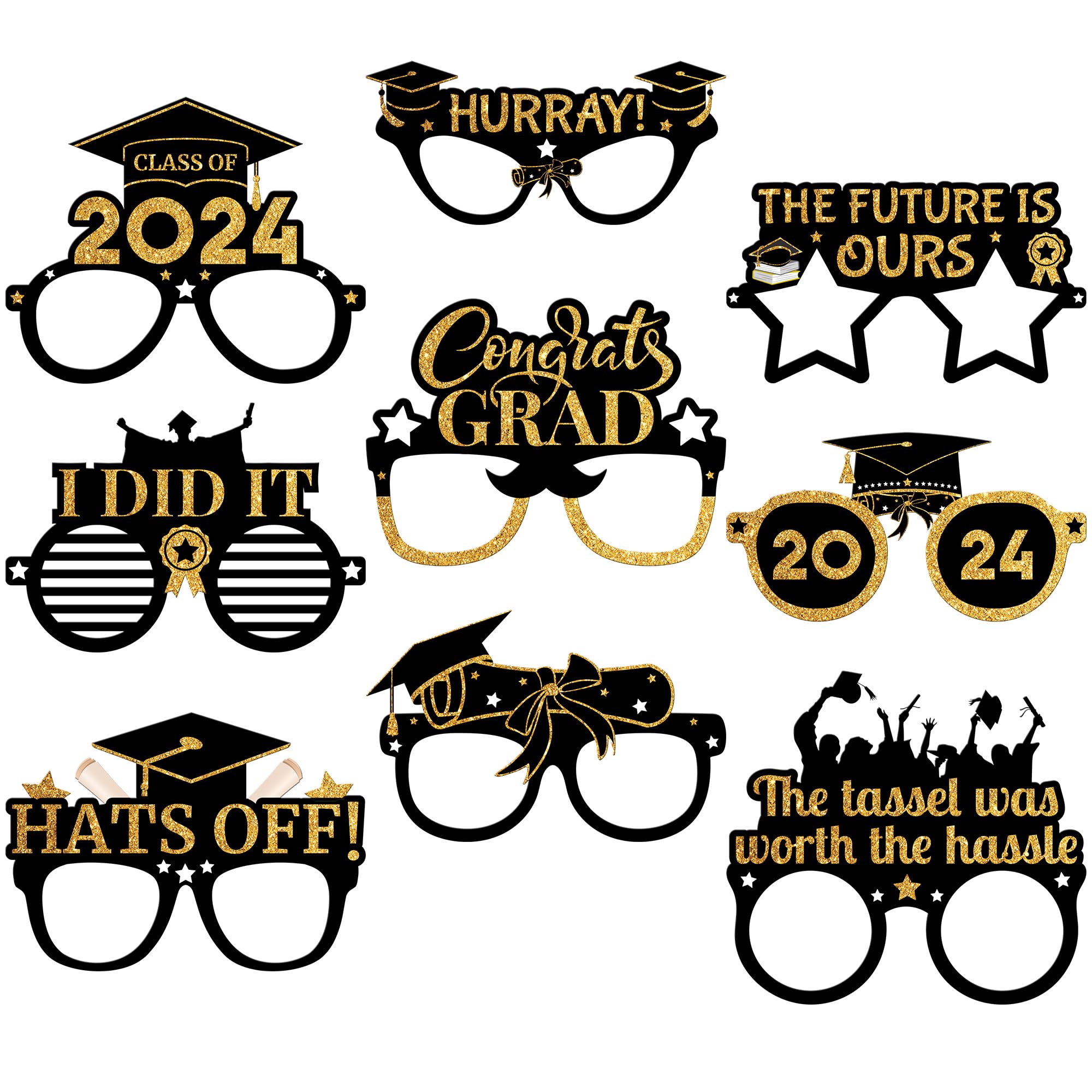KatchOn Photo Booth Props 2025 - Pack of 10 | Black and Gold Class Glasses | Graduation Party Decorations and Favors