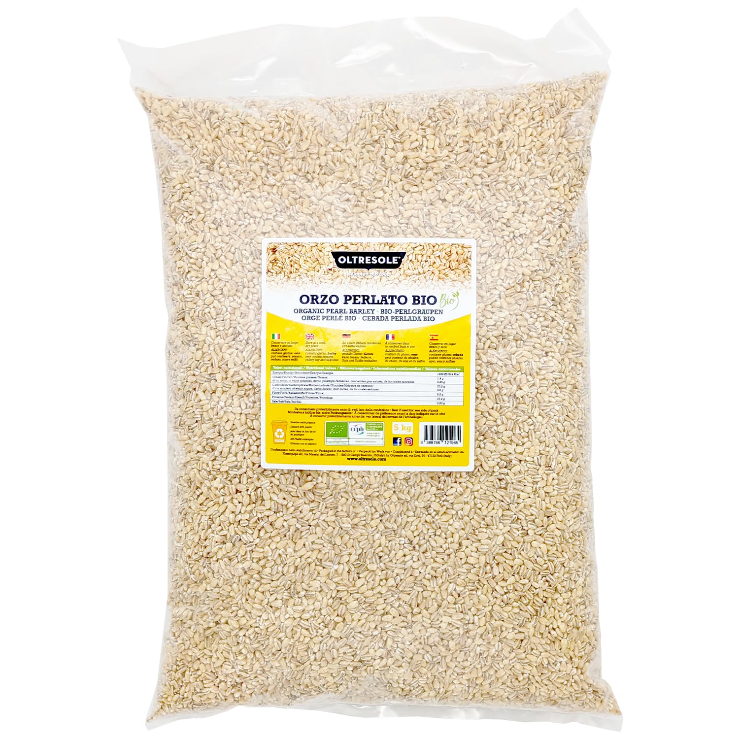 Oltresole, Orzo Perlato Italiano Biologico 5 kg, Cereale Bio Ricco di Fibre, Ottimo per Zuppe, Insalate e Minestre, Prodotto da Agricoltura Italiana, Formato Convenienza