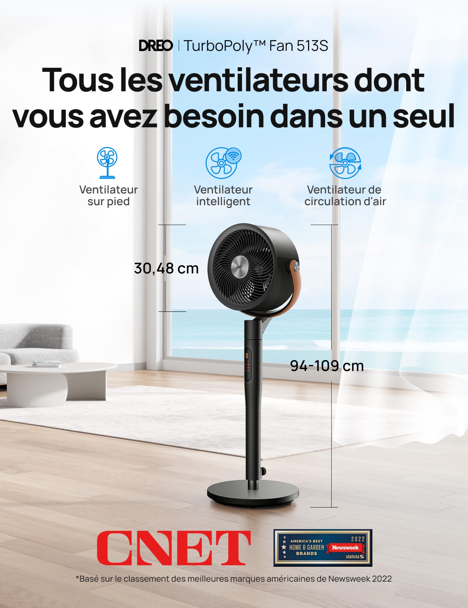 DREO Smart Ventilateur sur Pied 25dB Silencieux, Flux d'air 7.5 m/s, Portée de 30 m, Oscillation à 120° + 105°, avec Télécommande, 6 Modes, 8 Vitesses, Minuterie 12 h, Compatible avec Alexa, Noir