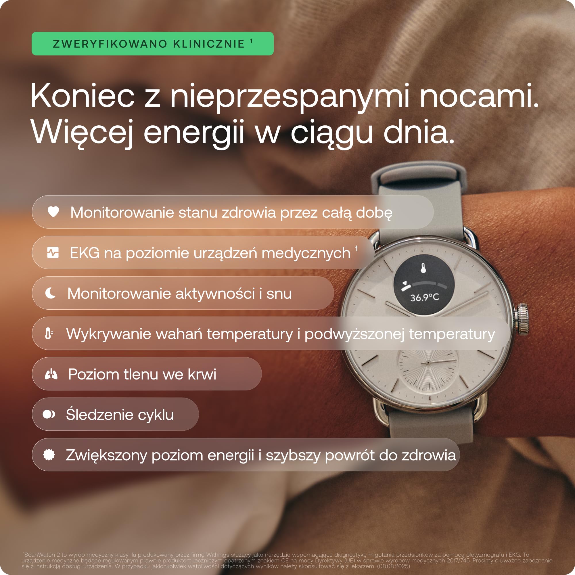 Withings ScanWatch 2 Zdrowie Smart Watch dla kobiet i mężczyzn, EKG, SpO2, temperatura, monitorowanie snu, zdrowie oddychania, wodoodporny, 30-dniowa bateria, Android i iOS