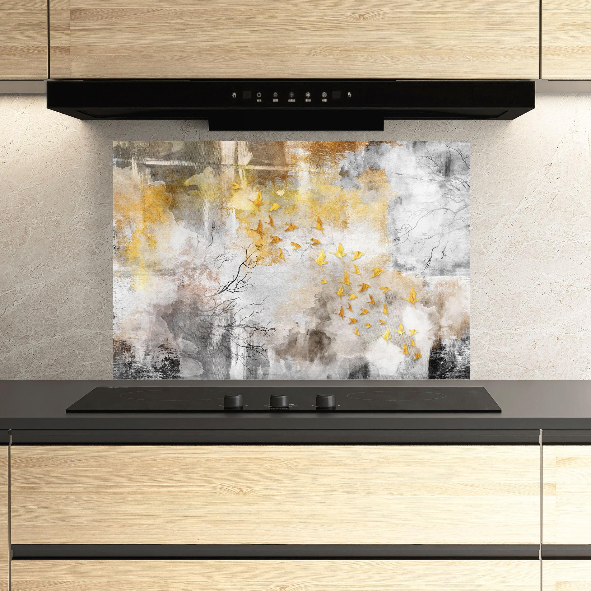 ARTHUB® Crédence de Cuisine en Verre 60x100 cm, Gold Birds Flying | Protection Contre Les éclaboussures, Revêtement Mural en Carreaux, Plaque en Verre, Verre trempé, Abstrait, Art Abstrait