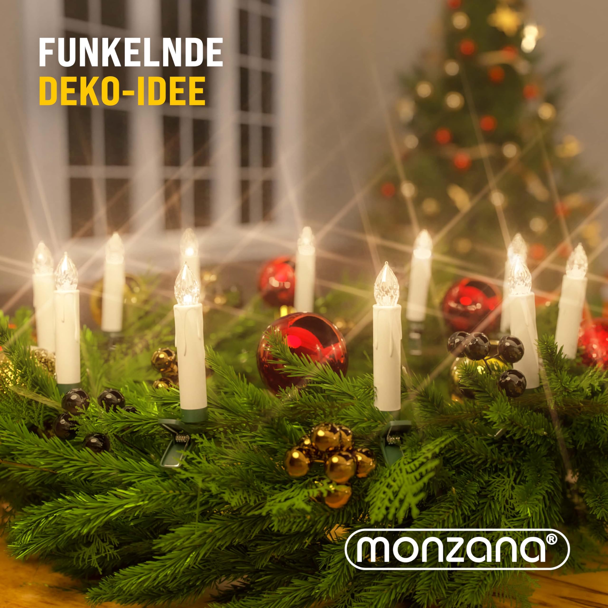 DEUBA® Weihnachtsbaumkerzen LED Kabellos 30er Set Batterie Timer Fernbedienung Echtwachs Optik Lichterkette Weihnachten Flackernd Warmweiß Christbaum
