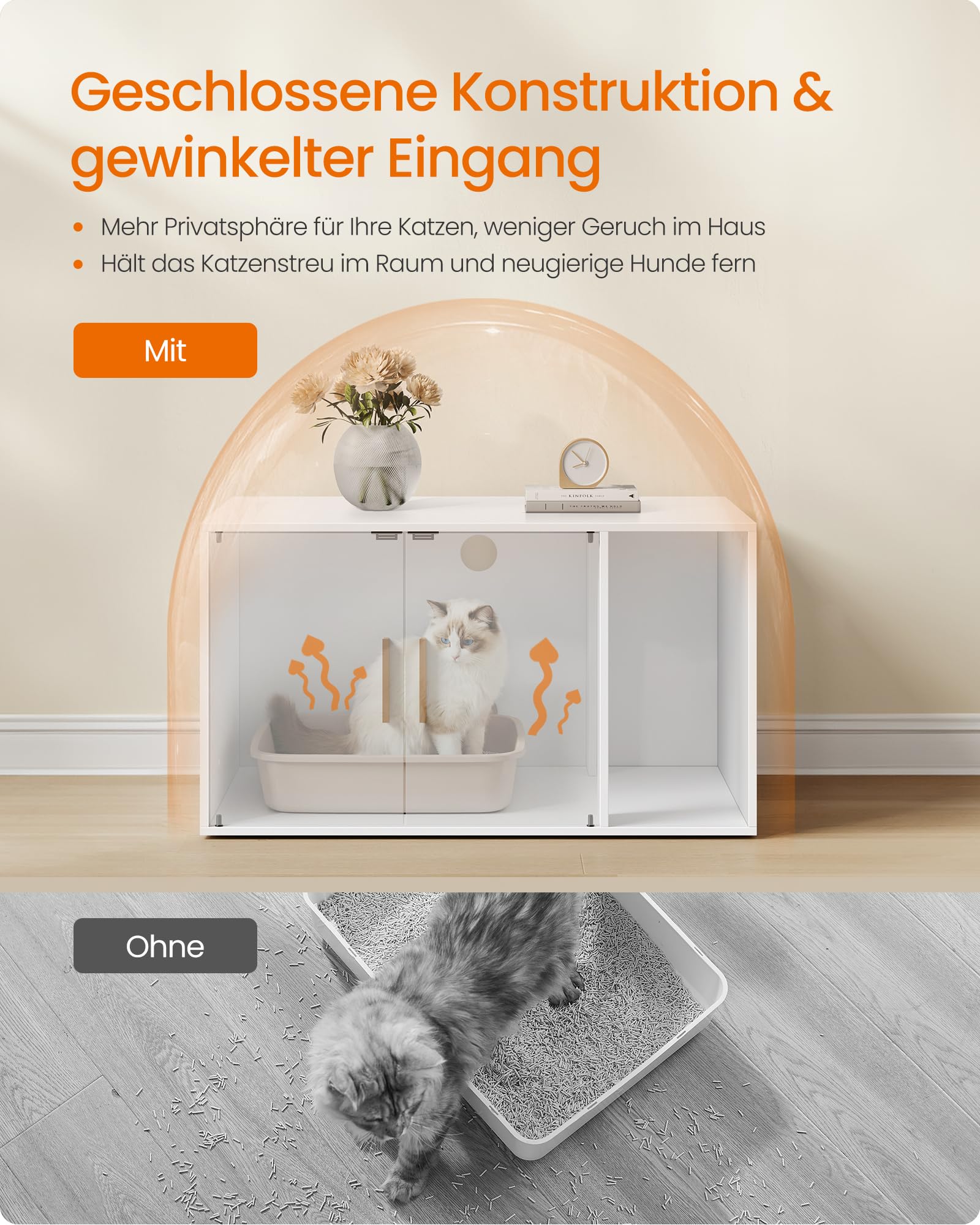 Feandrea Custos Kollektion - Katzenklo-Schrank, Moderne Katzentoilette, Katzenhaus, Vordereingang, Doppeltüren mit Griffen, Beistelltisch, für Wohnzimmer, 80 x 50 x 45 cm, mattweiß PCL020WB02