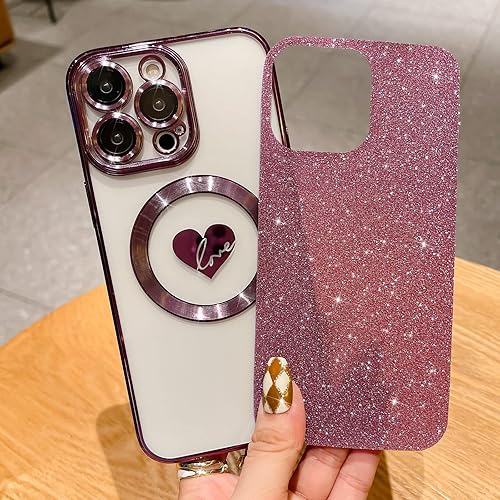 Miniatura 3 de HYUEKOKO Funda compatible con iPhone 14 Pro Max de 6.7 pulgadas con Magsafe, funda magnética con purpurina de corazón chapada para mujeres y niñas,