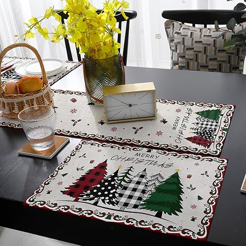Miniatura 4 de Juego de 6 manteles individuales para árbol de Navidad con caminos de mesa de 90 pulgadas de largo, manteles individuales de lino y algodón, juego
