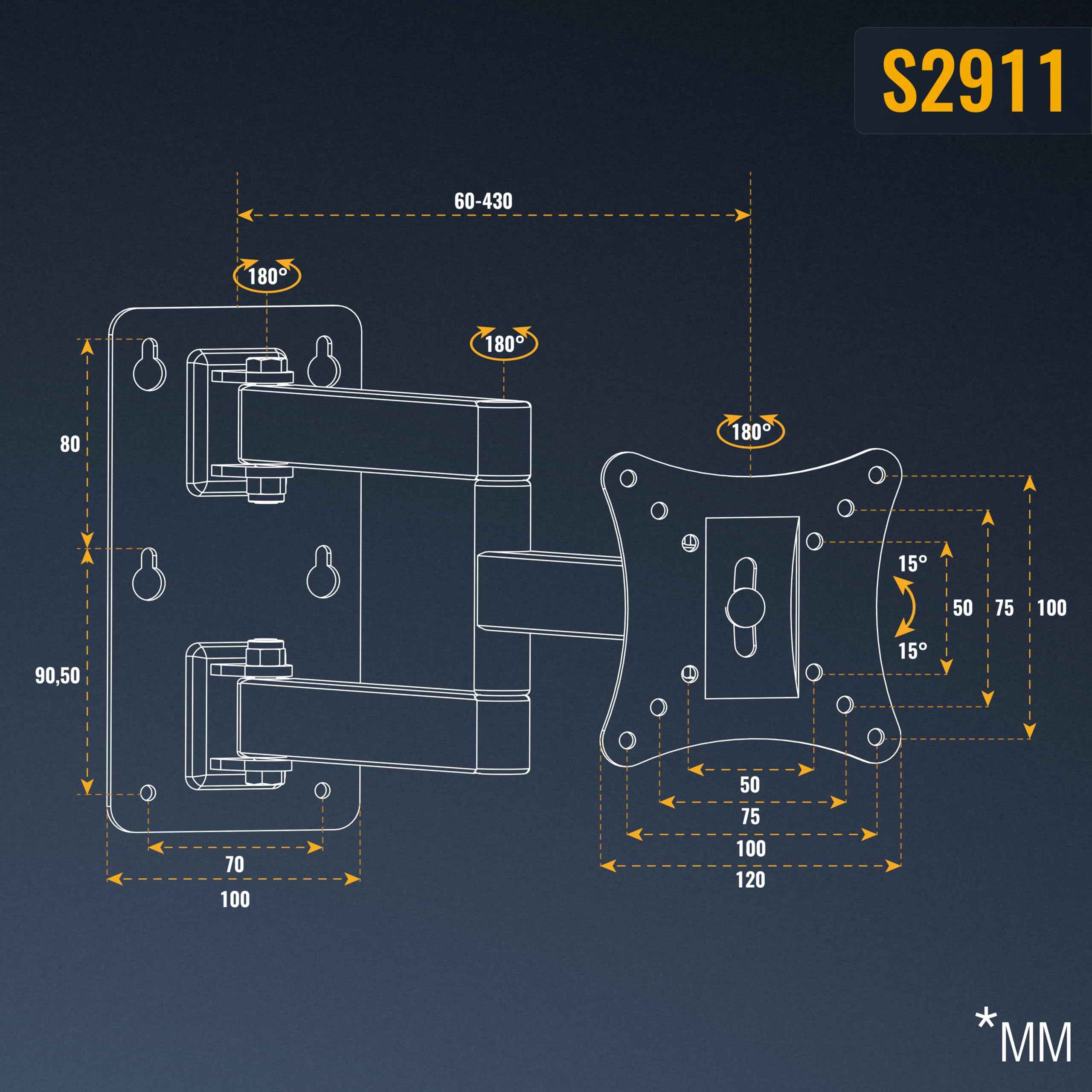 RICOO S2911 Supporto monitor da parete Staffa schermo 13-34 pollici per 13 34 pollici girevole inclinabile fino a 20 kg max VESA 100x100