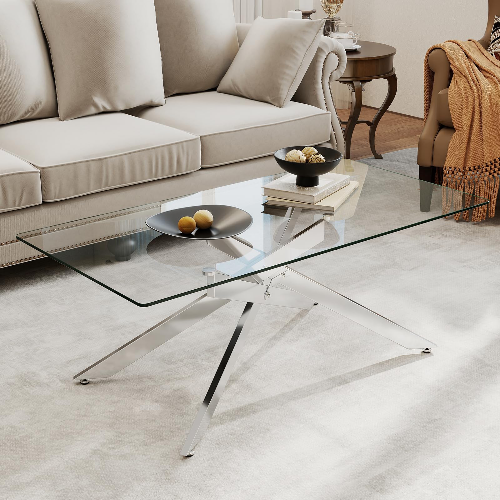 COSTWAY Tavolo da Caffè, Tavolino Salotto in Vetro Temperato con Gambe Incrociate in Metallo Placcato e Piedini Regolabili Antiscivolo, per Soggiorno e Ingresso, 120 x 60 x 45,5 cm (Argento)