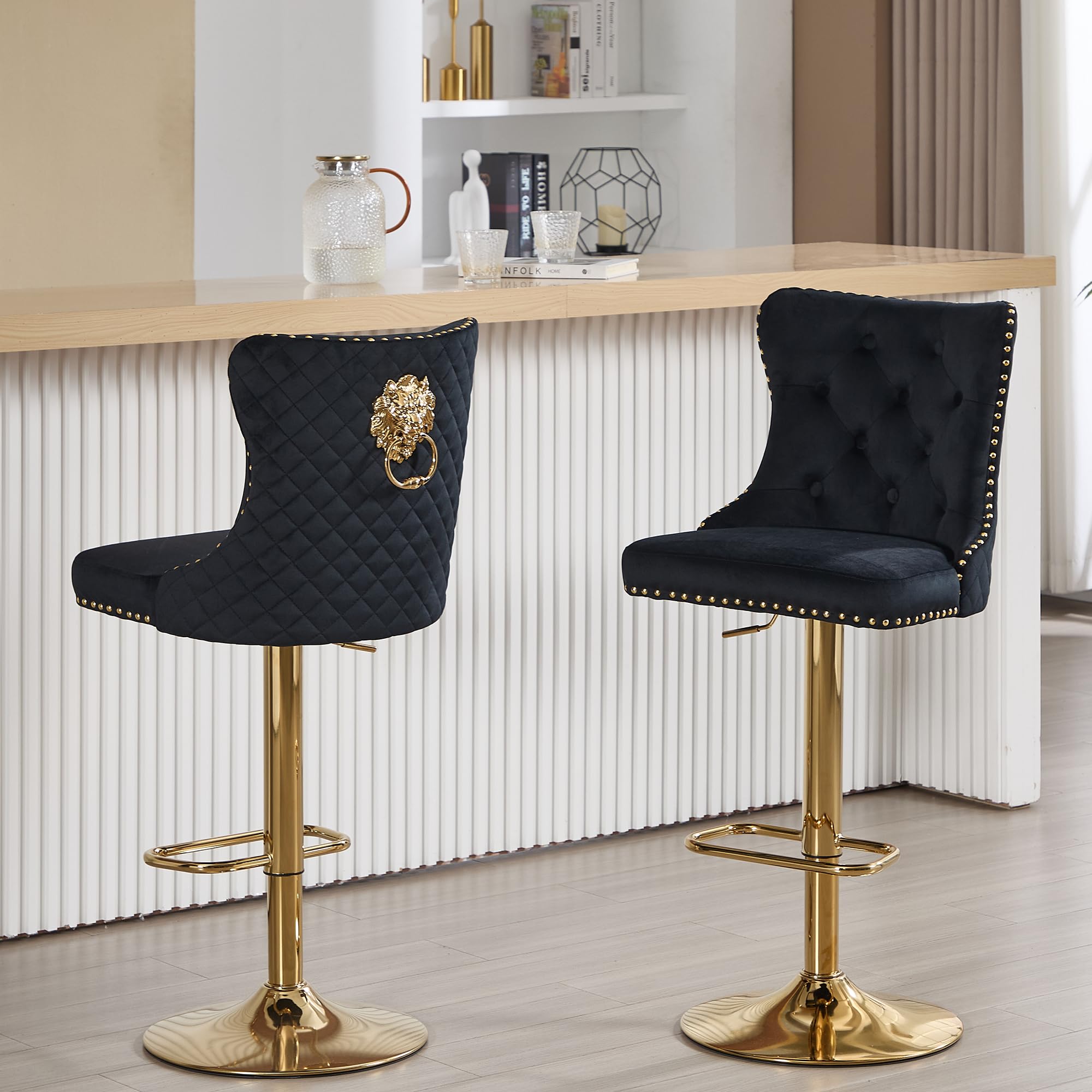 Chummaven Black Bar Stools Set of 2 Velvet Swivel Kitchen Counter Chairs with Tufted High Back Modern Upholstered Gold Barstools with Lion Pull Ring/