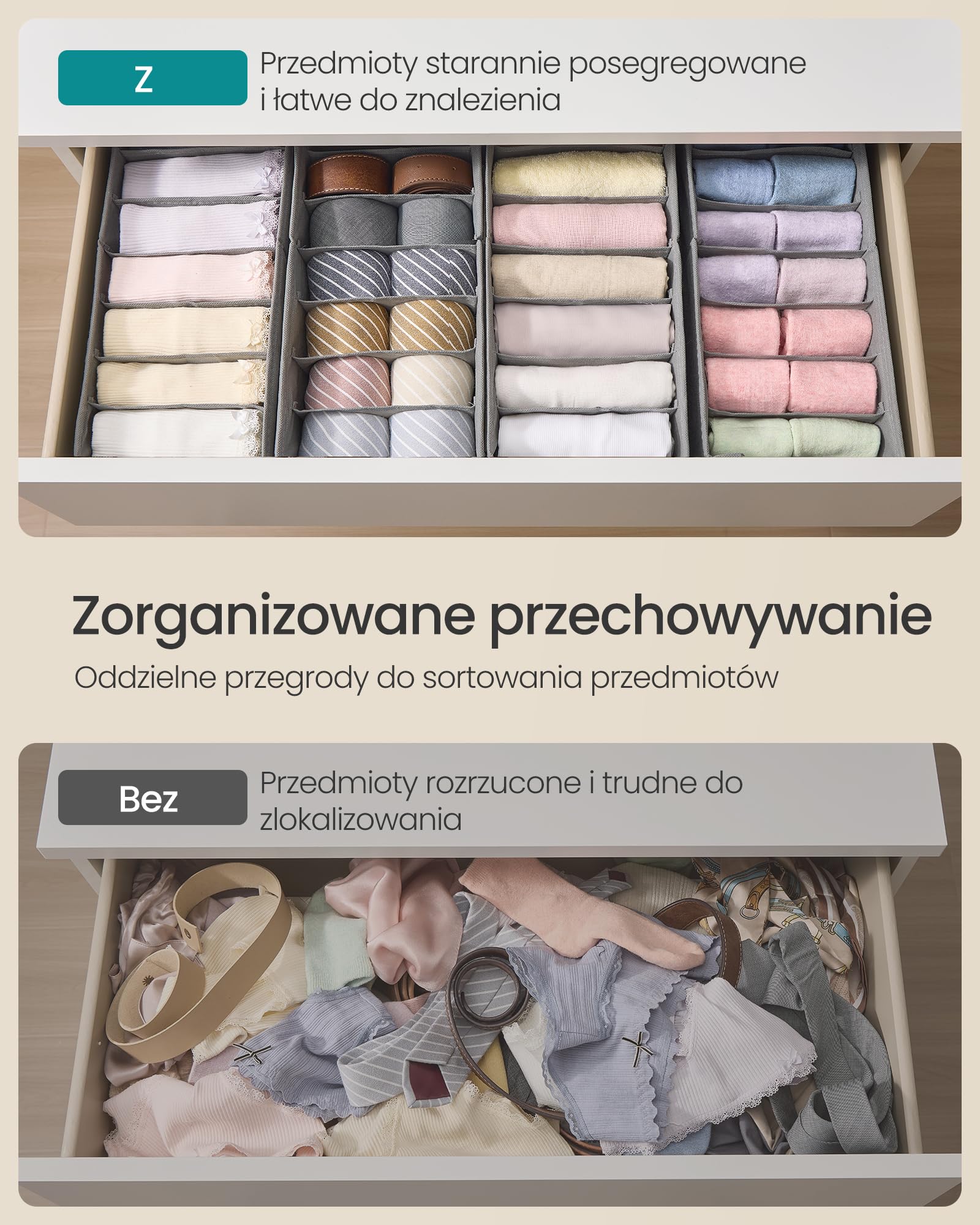 SONGMICS Zestaw 4 organizerów na bieliznę, organizer do szuflady do komód IKEA HEMNES i MALM, z przegródkami, składany organizer do szafy, 40 x 16 x 10 cm na skarpetki, gołębi szary RUS014G01