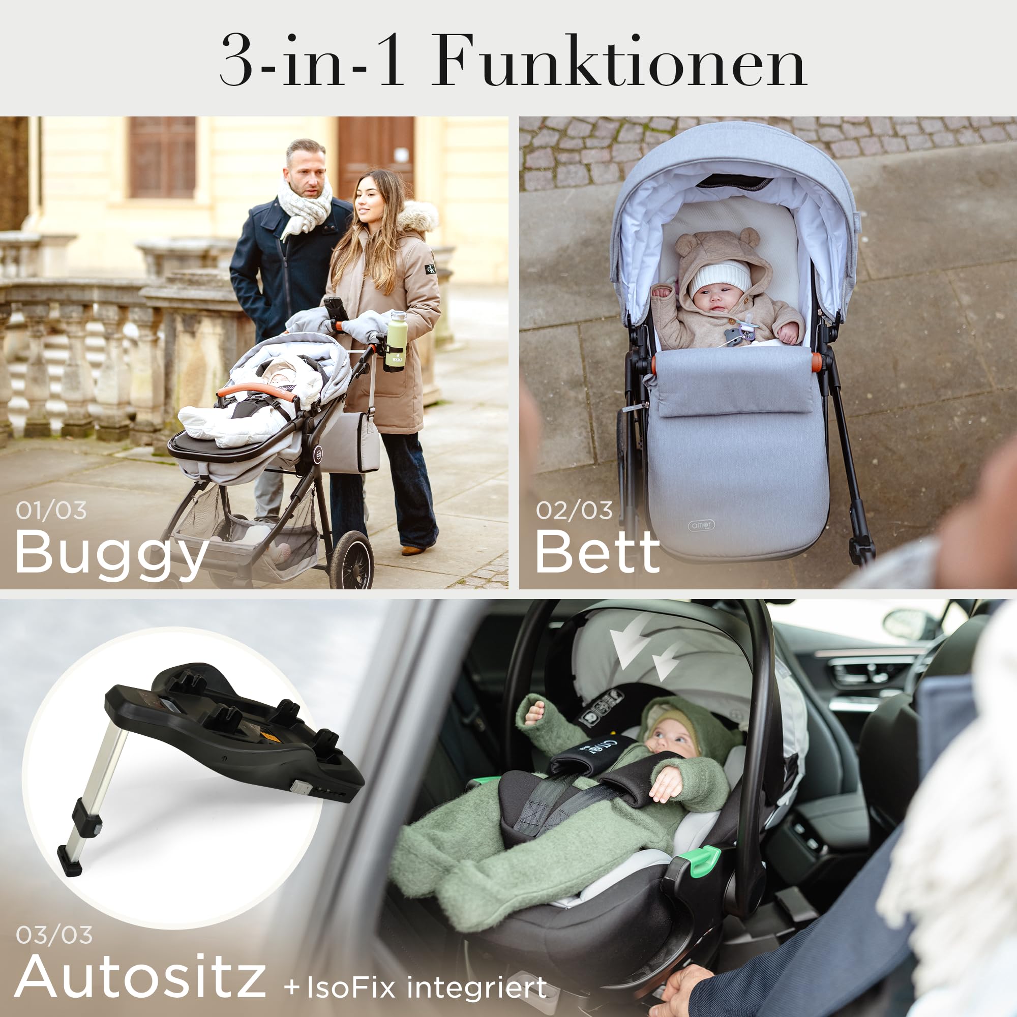 Kinderwagen 3 in 1 [Babywagen & Autositz] mit Babyschale Fahrgestell Kombi als Set | Stroller Baby | Isofix Station & 5-Punkt Sicherheitsgurt Kinderwagen Buggy Reisebuggy Buggys | Babywagen