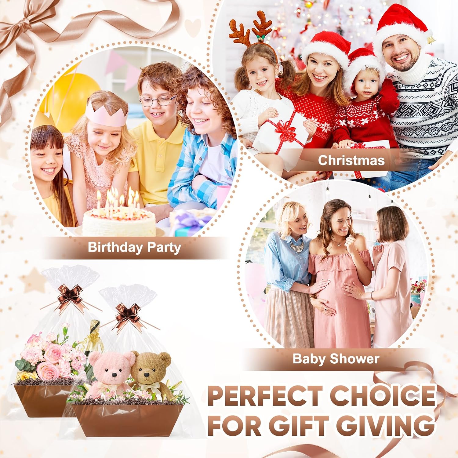 AFOROEOA 5 Pack Brown Baskets for Gifts Empty, 12x10x4” Kraft Gift Basket Kit with 5 Clear Bags, 5 Bows & 200g Crinkle Cut Paper - Large Empty Gift Baskets to Fill for Christmas, Weddings, Birthdays