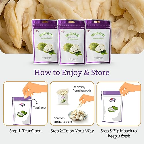 Miniatura 7 de Vinamit Guanábana seca suave  Bolsa de fruta de guanábana de 3.5 onzas  Snack de frutas tropicales naturales  Vegano, sin gluten, sin OMG  Alto en