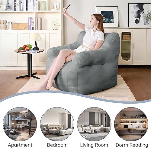 Vista 9 de Silla de Puf Gigante con Brazos - Silla de Sofá de Espuma Premium, Puf Grande de 3 Pies, Sillas de Puf para Salón, Dormitorio, Juegos, Lectura (Gris)