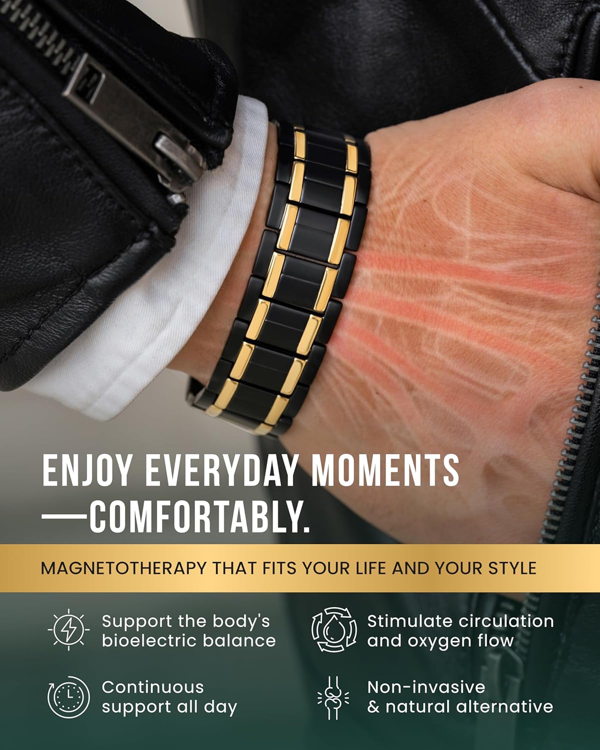 MagnetRX® 3X Strength Titanium Magnetic Bracelet – Magnetic Bracelets for Men – Premium Fold-Over Clasp and Adjustable Length with Sizing Tool (Black/Gold) - Image 2